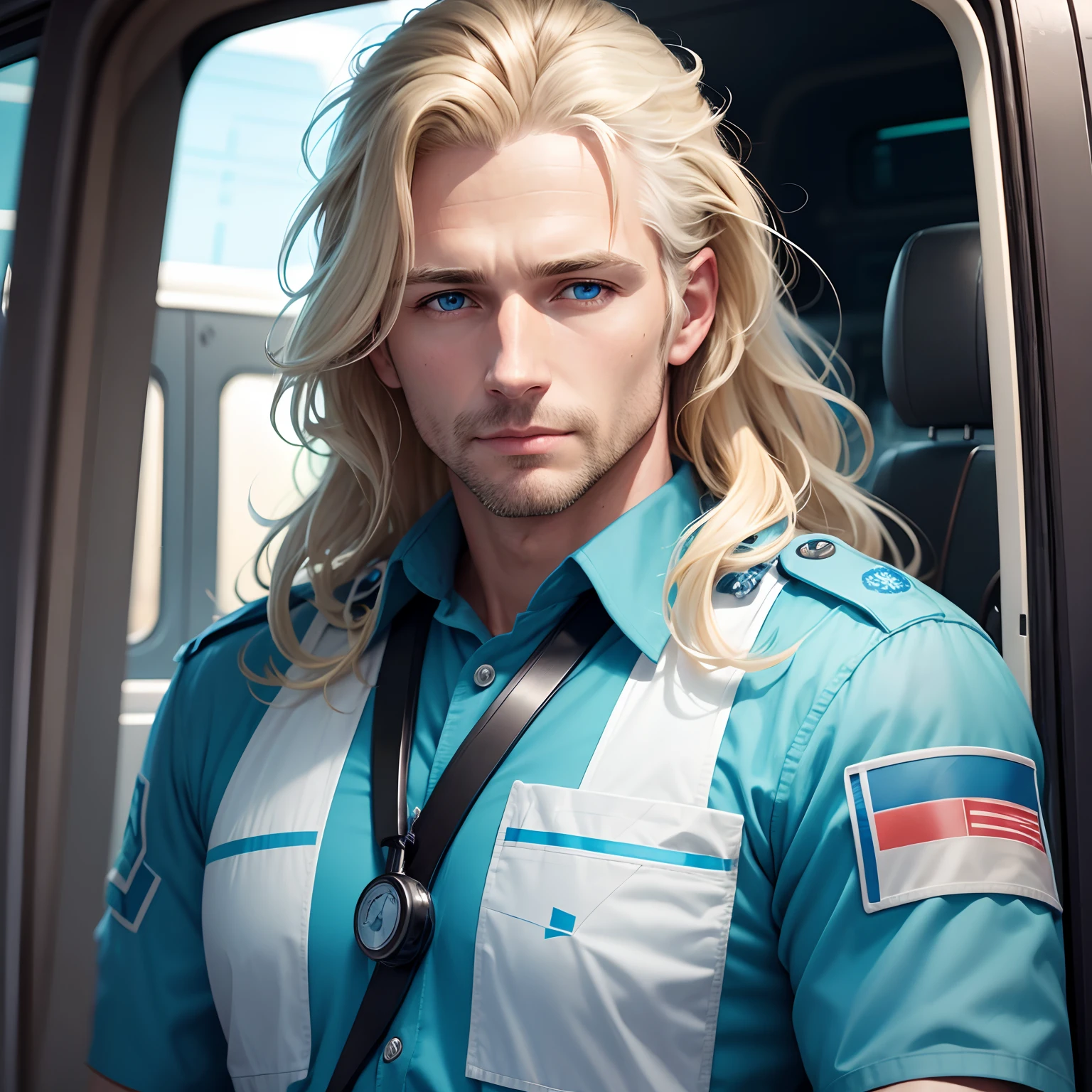 A 40 year old guy with wavy blonde hair and ice blue eyes wearing a paramedic uniform
