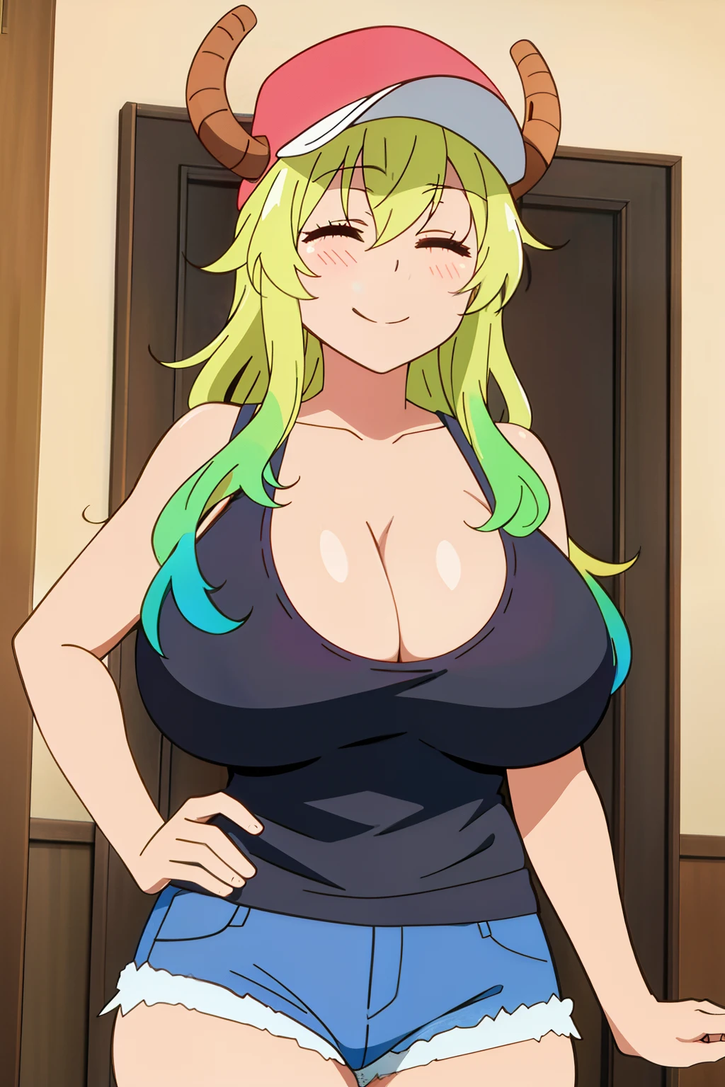 masterpiece, perfect lighting, (beautiful, best quality:1.3), perfect eyes, absurdres, 8k, 1girl, solo, (absurdres), finely detail, smile, lucoa_quetzalcoatl, multicolored hair, closed eyes, dragon horns, dragon girl, ((((large breasts 1.9)))), multicolored hair, blonde hair, hat, cleavage, cowboy shot, short shorts, tank top, denim, baseball cap, from below, white panties,