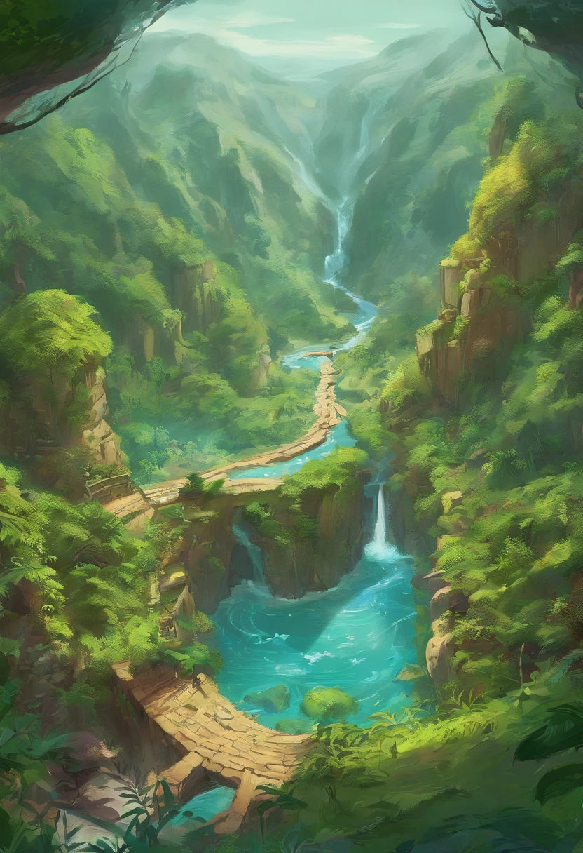 Generate a stunning image of the word 'cuenca' composed of a lush forest shaping the letters 'c,' 'u,' 'e,' 'n,' and 'c,' while meandering rivers trace the letter 'a.' The scene should radiate natural beauty and serenity, with vibrant colors and sharp details in the trees and water."