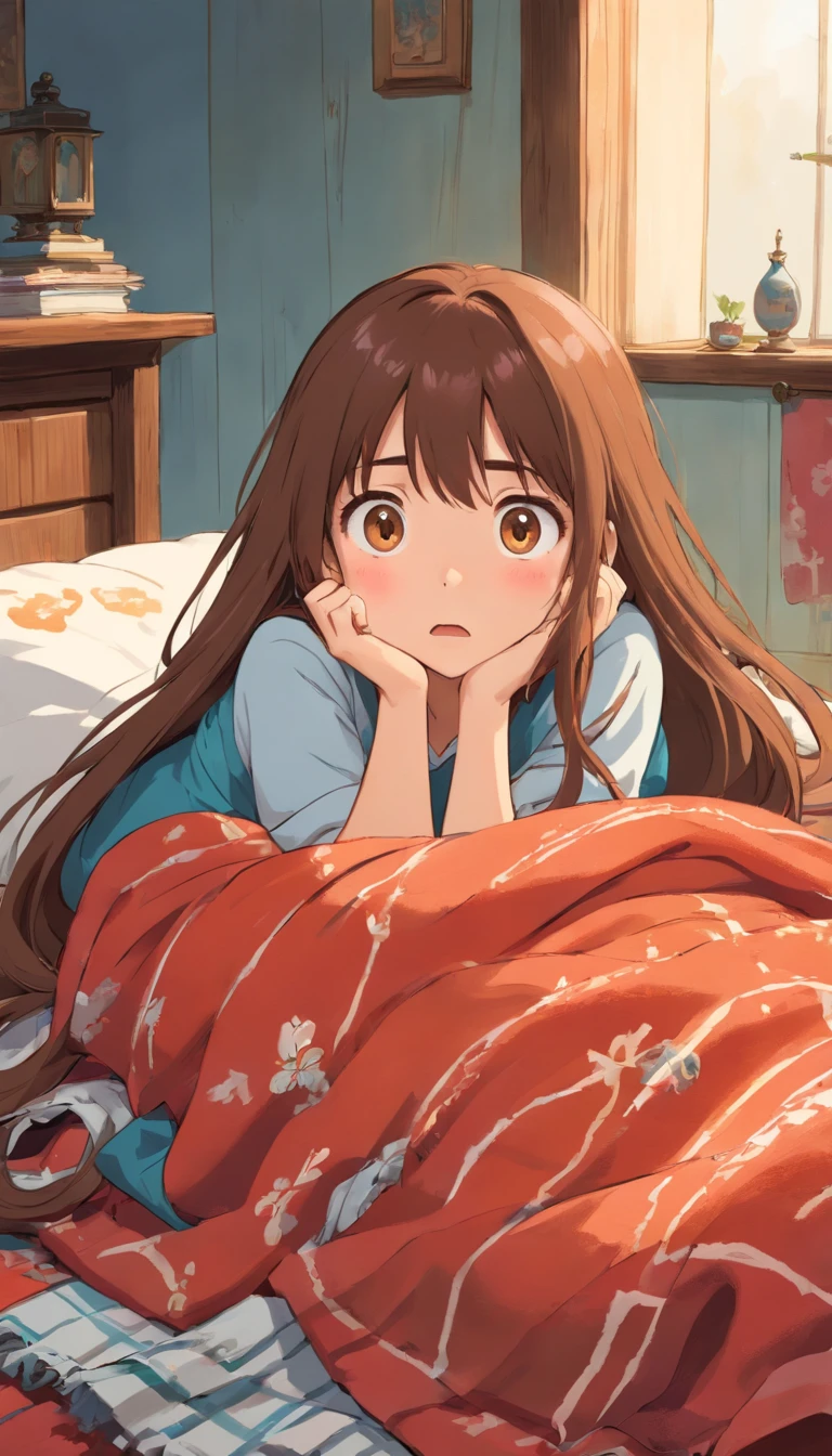 A girl with long brown hair,with brown bang,lying in her bed with blanket, shocked face,messy room.
