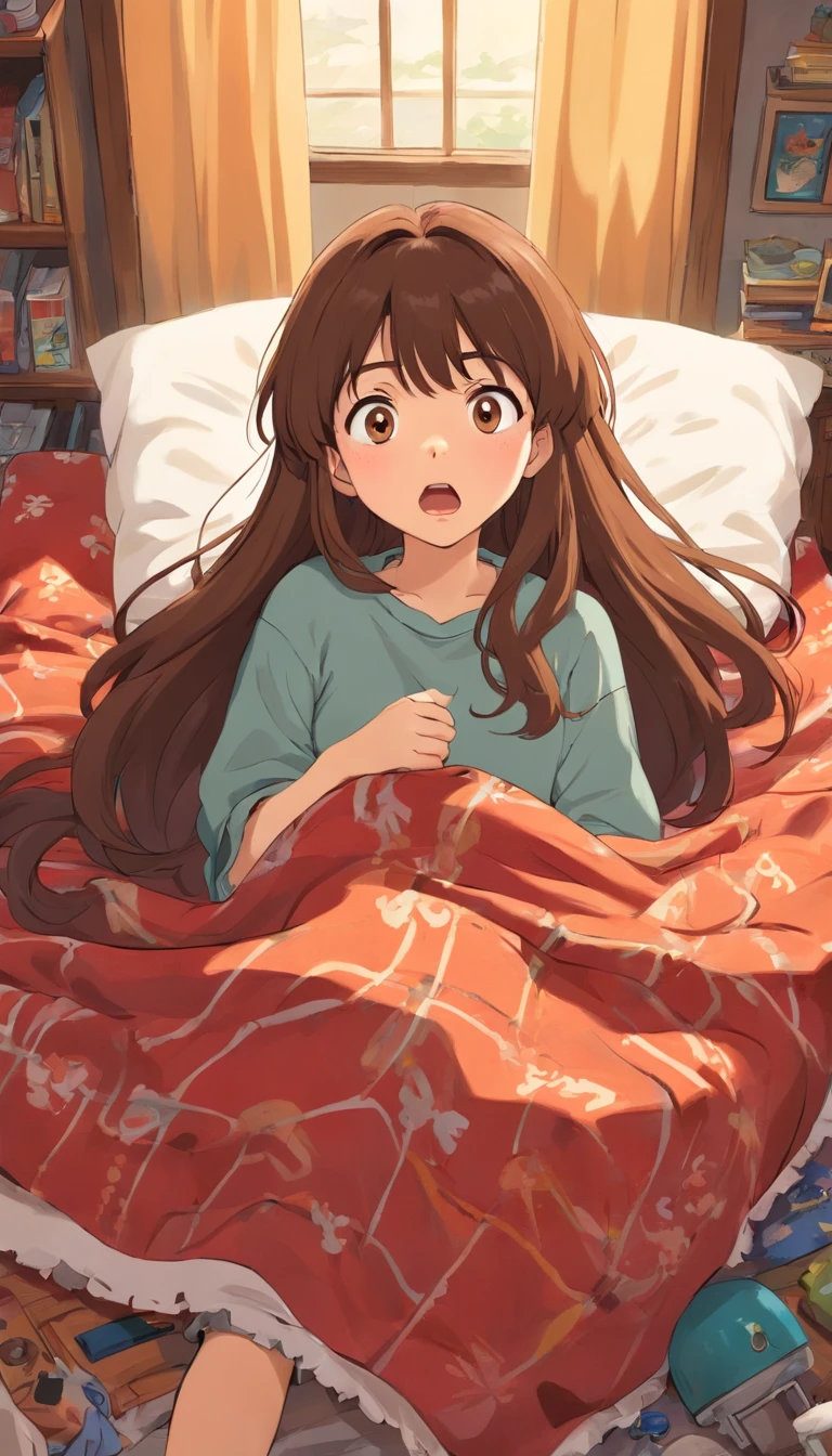 A girl with long brown hair,with brown bang,lying in her bed with blanket, shocked face,messy room.