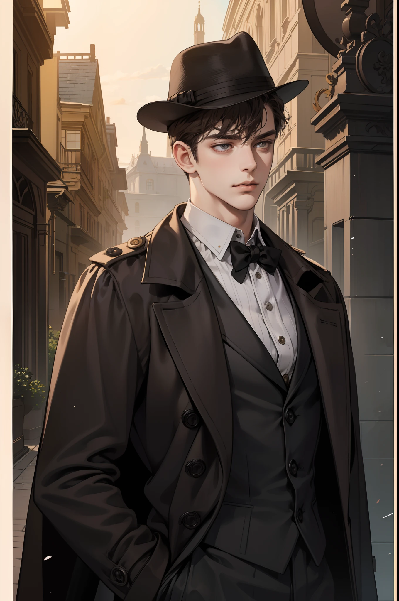 masterpiece, best quality, realistic, 1man, mature male, quiet and charming young man, 25 years old, close his eyes, serious look, extremely detailed face, ((dark grey eyes)), ((short-right-swept dark brown hair)), [thick eyebrows], detective, ((Dressed in a classic overcoat and fedora hat)), cinematic lighting, posture dynamics, Victorian era