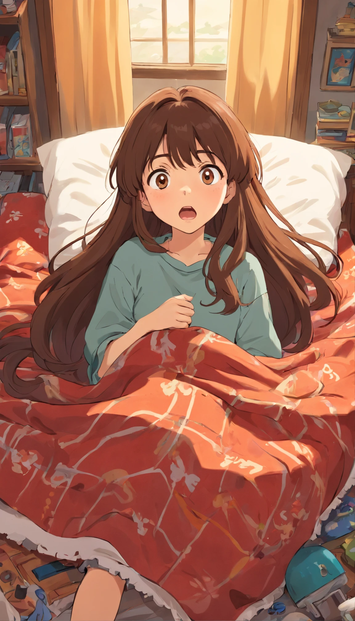 A girl with long brown hair,with brown bang,lying in her bed with blanket, shocked face,messy room.