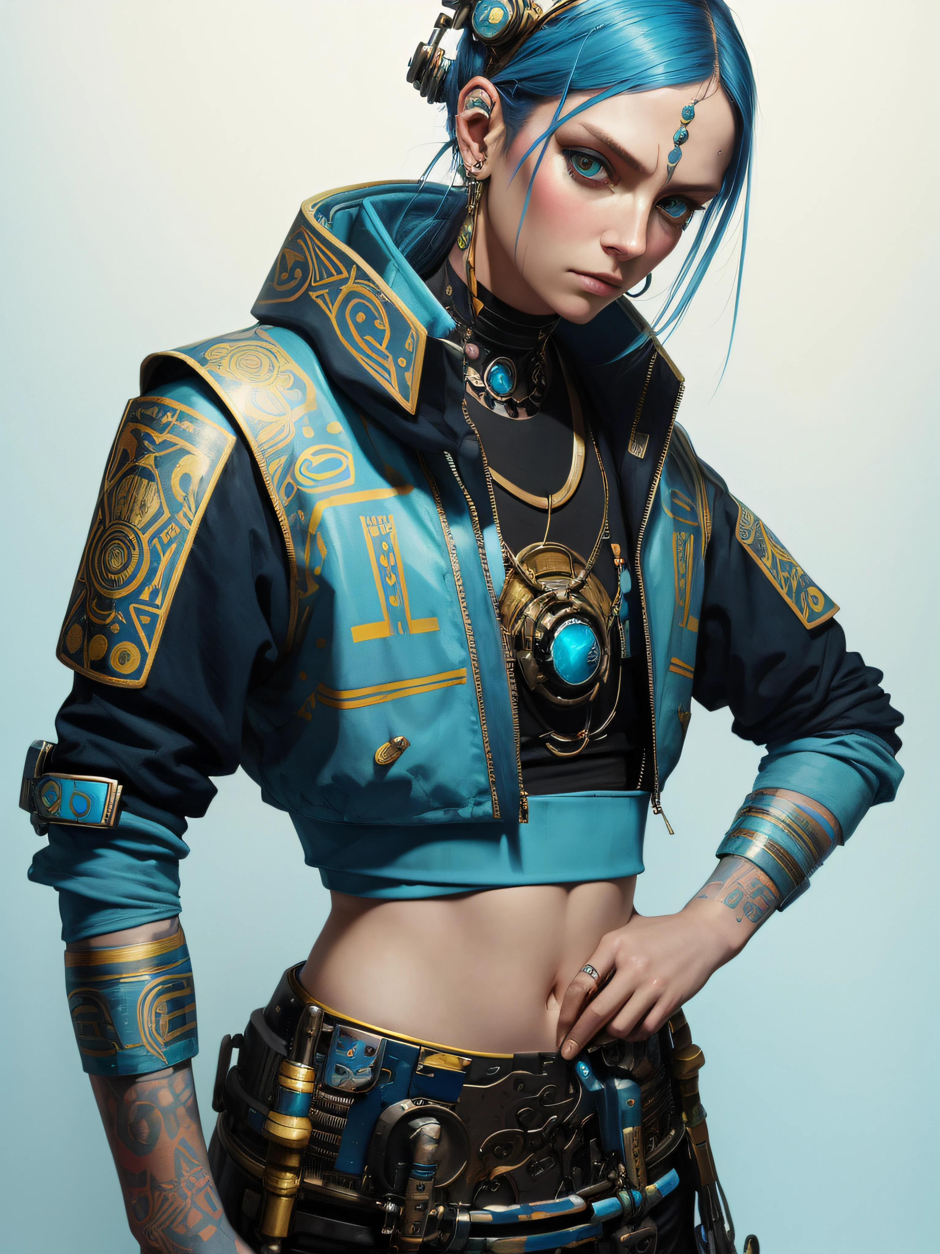 n the style of cyberpunk futurism, Inca influence, etam cru, light blue and gold, michael creese, steelpunk, michael hussar, white background