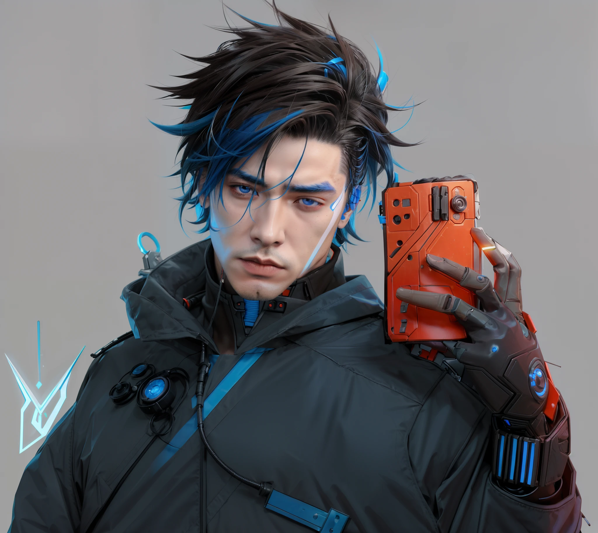 Handsome young Asian European, piel blanca, cyberpunk, Ojos azul-gris, Image of a futuristic-looking man with a dark brown mohawk mullet hairstyle, chico guapo, Yuu Shirota, Retrato, realistic artistic style, Arte del personaje masculino humano, cyberpunk hero, Retrato detallado del personaje, Personaje cyberpunk, Retrato de un hombre cyberpunk, proporciones realistas, ojos azules, sudadera con capucha azul, arneses negros con luces rojas, sin tatuajes en el cuello.