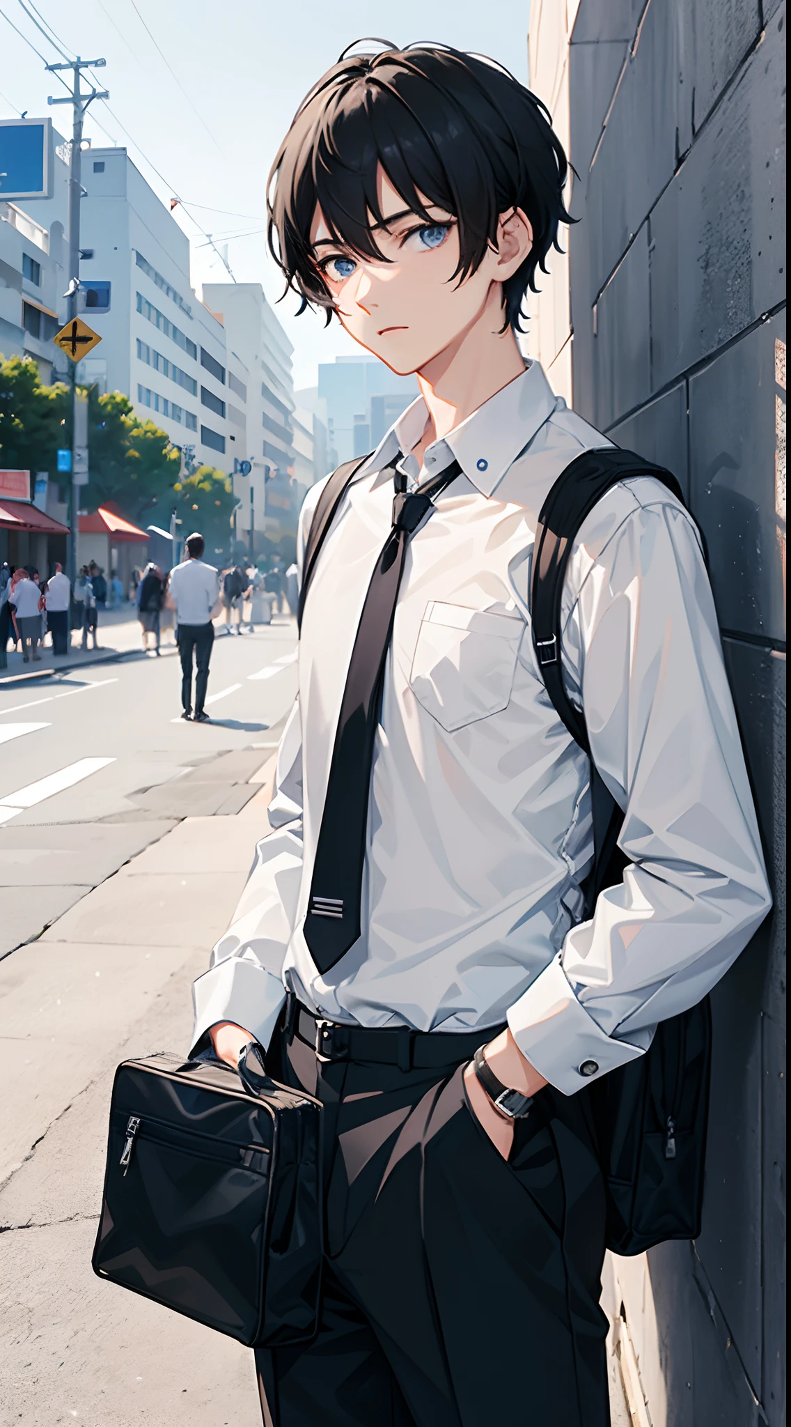 1 boy 19 years old, black hair, blue eyes, wearing white school shirt, wearing black khaki pants, carrying a black student backpack on your shoulder, has buttons, neat clothes, tuck in shirt, upper body, eyes look to the left, surprised face, surprised eyes, outside campus, late afternoon, from the side, there are a lot of people on the road, extremely detailed, best graphics, 8k, ultrasharp, masterpiece
