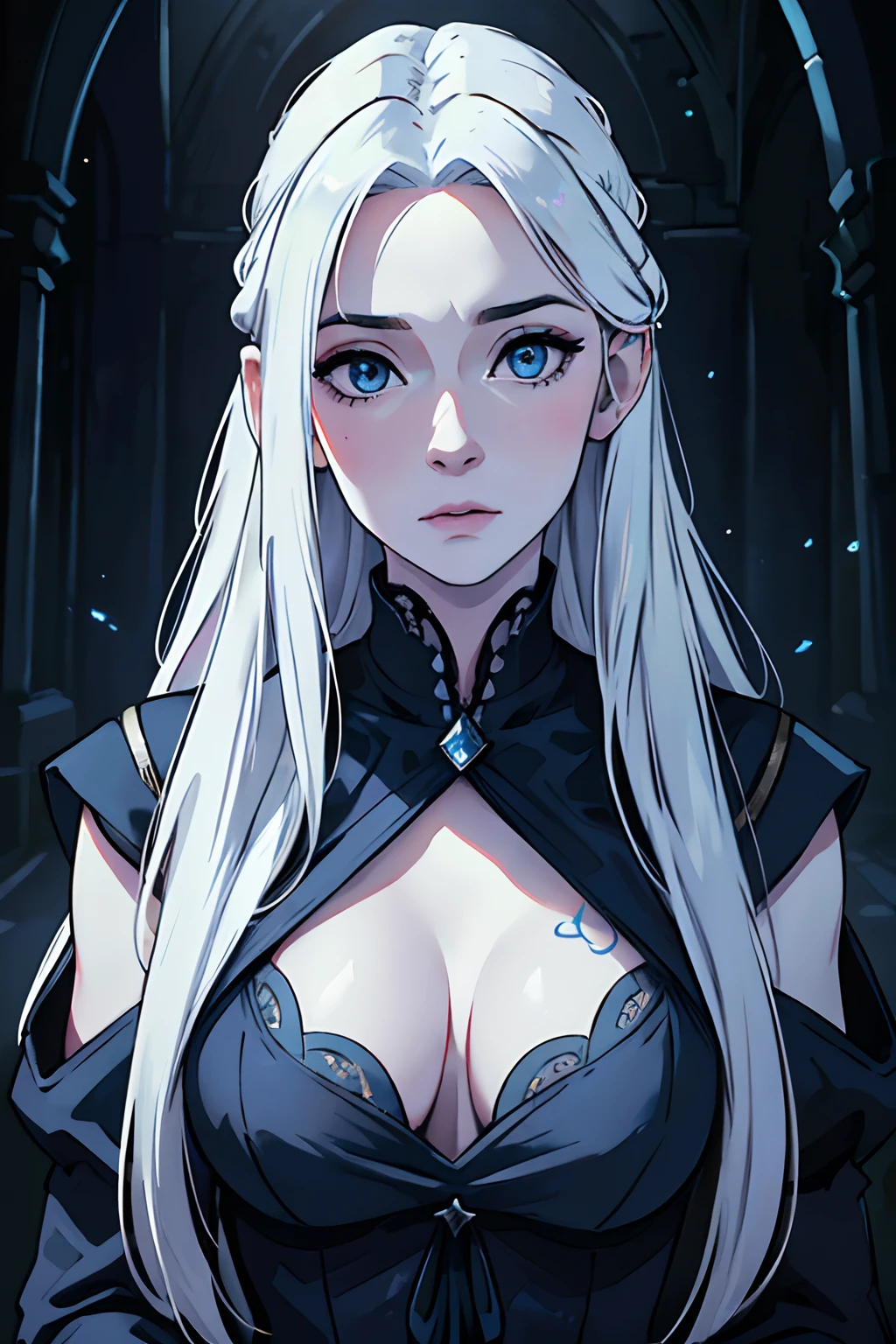 (best quality,4k,8k,highres,masterpiece:1.2),ultra-detailed,(realistic,photorealistic,photo-realistic:1.37),HDR,UHD,stunningly detailed,long white hair,long white hair flowing,attractive mature woman,beautiful stunning woman,pale skin,pale complexion,pale face,piercing blue eyes,extraordinary blue eyes,detailed blue tattoos on face and body,ethereal,ethereal atmosphere,medieval,medieval setting,dark blue dress,dark blue medieval dress,alluring, enchanting