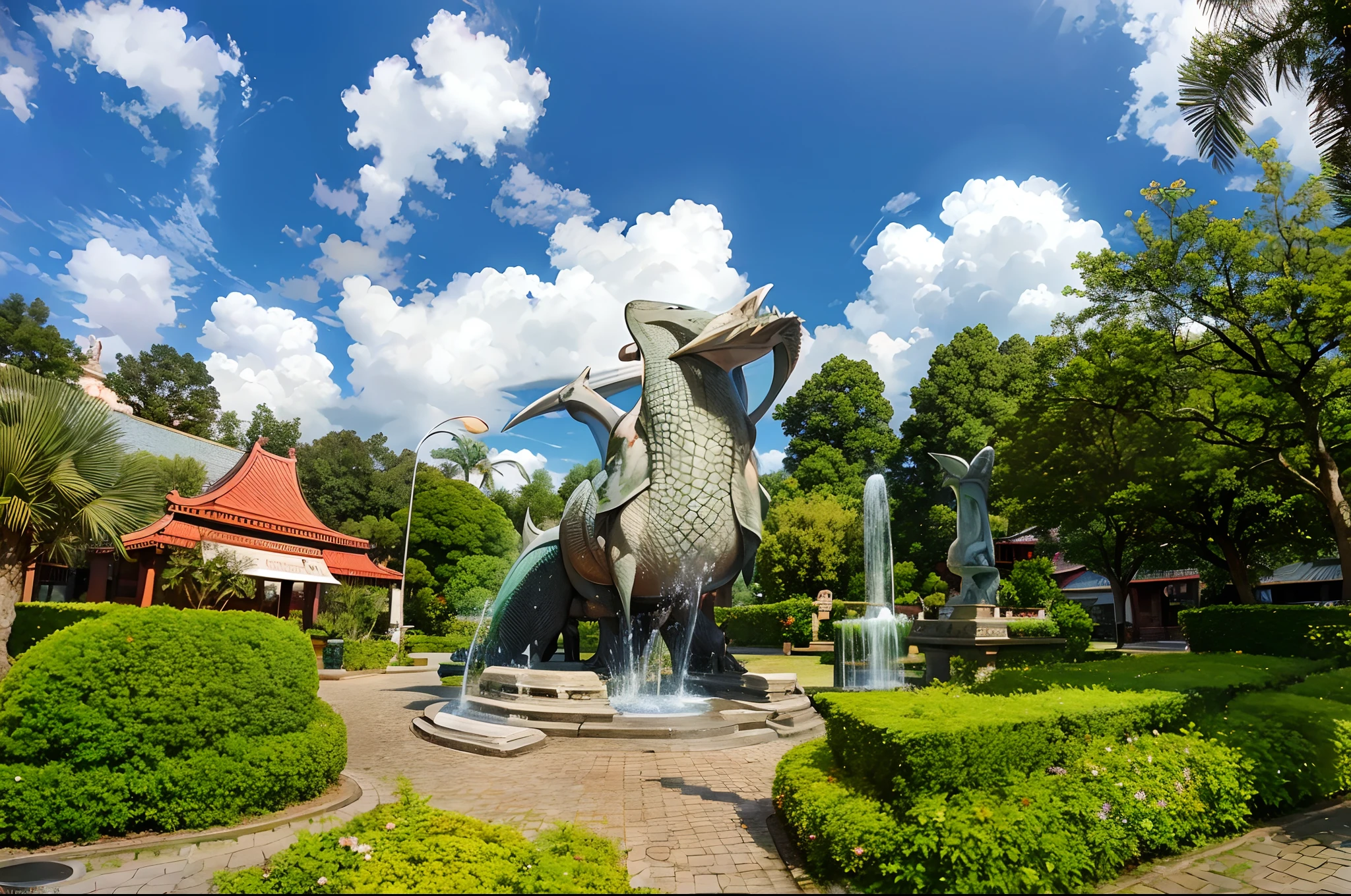 garden, iconic landscape of Surabaya city, there is a statue of a shark and a crocodile in a garden with a fountain, wonderful masterpiece, beautiful blue sky with clouds, grenery, trees and a house with red roof.