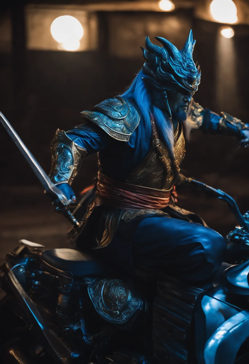 Guan Yu held the Blue Dragon Moon Saber，riding a sweaty BMW。majestic-looking。 three sided view, Sony FE, hyper HD, A high resolution, 8K