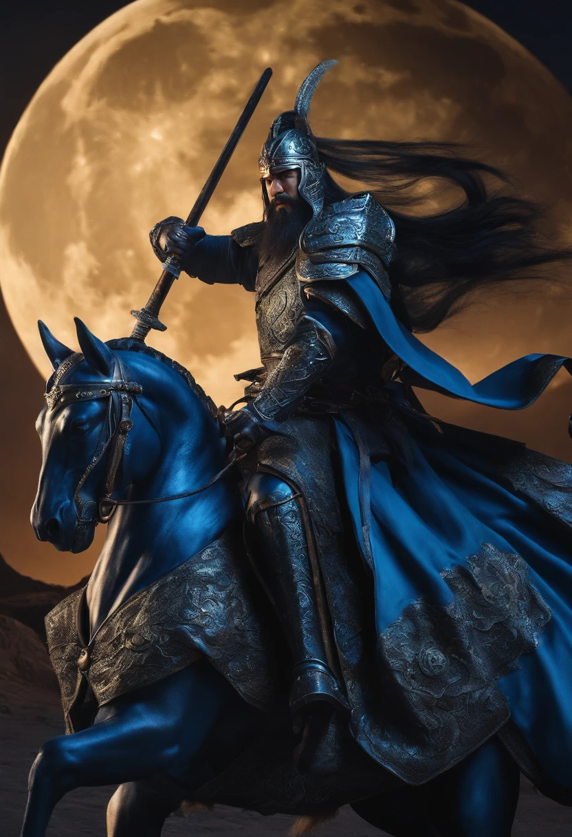 Guan Yu held the Blue Dragon Moon Saber,riding a sweaty BMW。majestic-looking。 three sided view, Sony FE, hyper HD, A high resolution, 8K