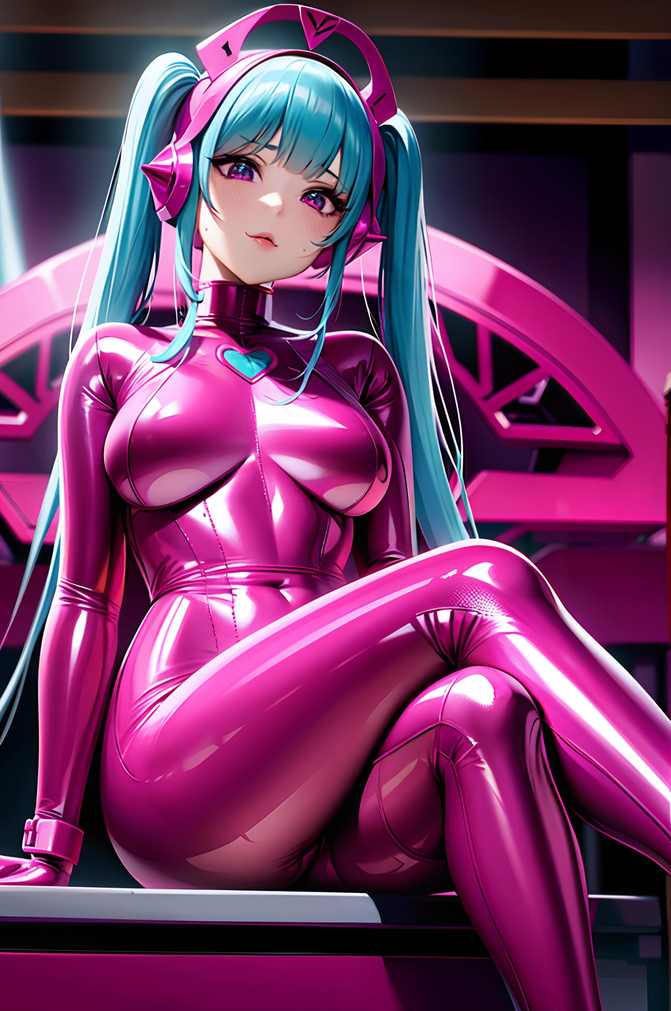 there is a woman in a pink outfit sitting on a table, anime girl cosplay, slick pink armor, oppai cyberpunk, anime cosplay, some pink, cosplay, pink iconic character, ayaka cosplay, cybersuits, pink twintail hair and cyan eyes, cyberpunk glossy latex suit, streamlined pink armor, glamourous cosplay, shining pink armor, e-girl