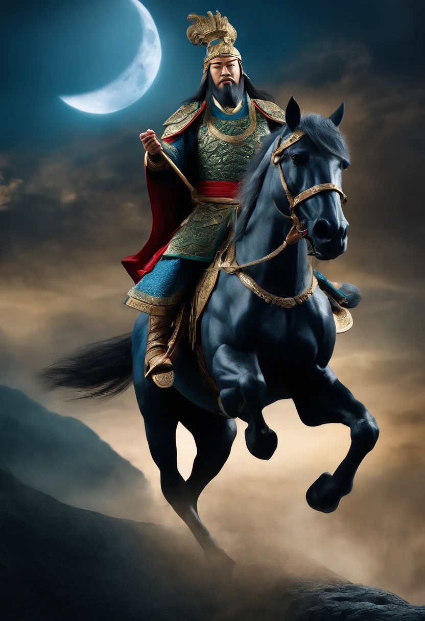 Guan Yu held the Blue Dragon Moon Saber，Riding a horse。majestic-looking。 three sided view, Sony FE, hyper HD, A high resolution, 8K