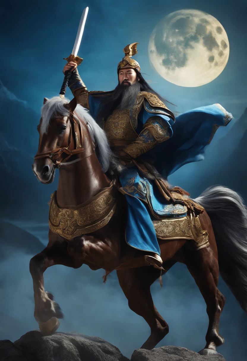 Guan Yu held the Blue Dragon Moon Saber,Riding a horse。majestic-looking。 three sided view, Sony FE, hyper HD, A high resolution, 8K