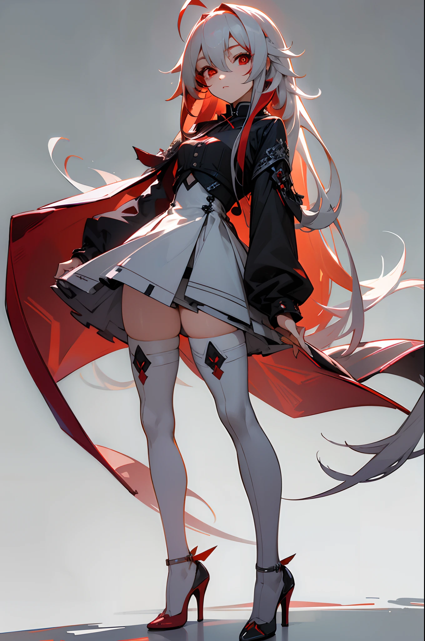 masterpiece,(bestquality),highlydetailed,ultra-detailed, cold , 1girl , bishoujo , stare , (red eyes:1.5) , (beautiful detailed eyes:1.2) , (long hair:1.2) , (white hair:silver_hair:0.5) , (Wing-like bangs:ahoge:0.8) , (Dull hair:ahoge:0.8) , (Hair rings:0.8) , (braid:0.8) , (grey background) , (high heels:1.2) , standing , (thighhighs:1.2)