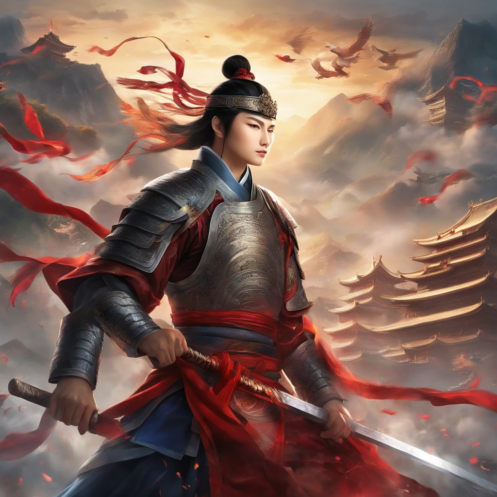 (Best quality,4K,8K,A high resolution,Masterpiece:1.2),Ultra-detailed,(Realistic,Photorealistic,photo-realistic:1.37),Chinese general,Traditional art style,Colorful uniforms,Vivid and dynamic brushstrokes,Ancient battlefield background,warrior's spirit,Decorative armor and helmets,Symbolic horse,majestic-looking,courageous expression,Heroic posture,Historical portraits,Proud and noble characteristic,Ink painting style,finely detailed facial features,Dynamic composition,Imposing figure,Strategic battlefield map,Strong and confident gaze,resolute determination,Burst energy,Ancient battle flags,Foggy atmosphere,Golden sunlight illuminated the scene,Traditional Chinese calligraphy in the background,Realistic battle scenarios,Pay attention to historical accuracy,dynamic movements,Command the army from afar,Set against a backdrop of majestic mountains,Impressive battle formation,Martial arts expertise and weapon proficiency,Wisdom and leadership,Aura of authority,Atmospheric perspective,Dramatic lighting,Heroic legend,Classic Chinese metaphors,Strong awareness of tradition and cultural heritage