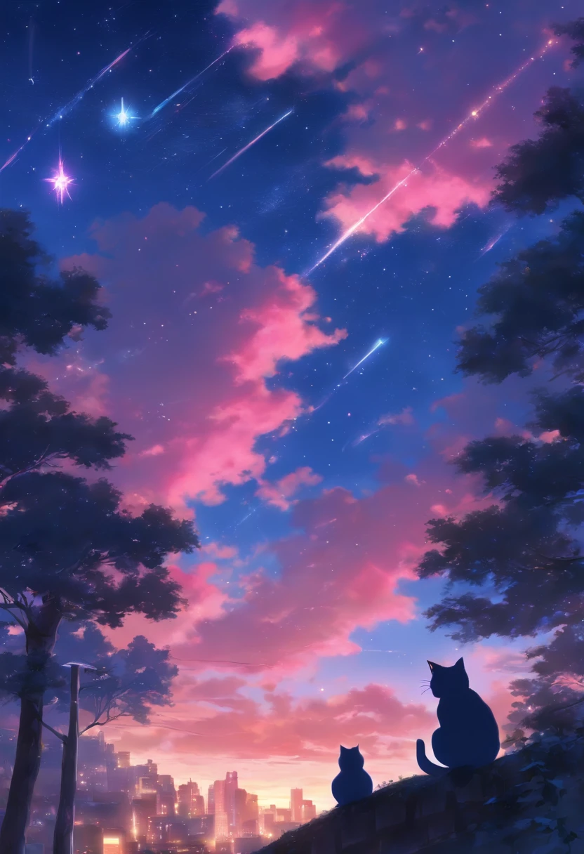 （reddish、Pink），octans, 天空, stele(天空), landscapes, starrysky, natta,（ 1girl in,One Cat、Snuggle up：1.5），（Snuggle up：1.3），Cats，nigh sky, 独奏, plein air, built, 云, shooting stars，sitting on, The tree, length hair, 城市, silhuette, Cityscape，from behind