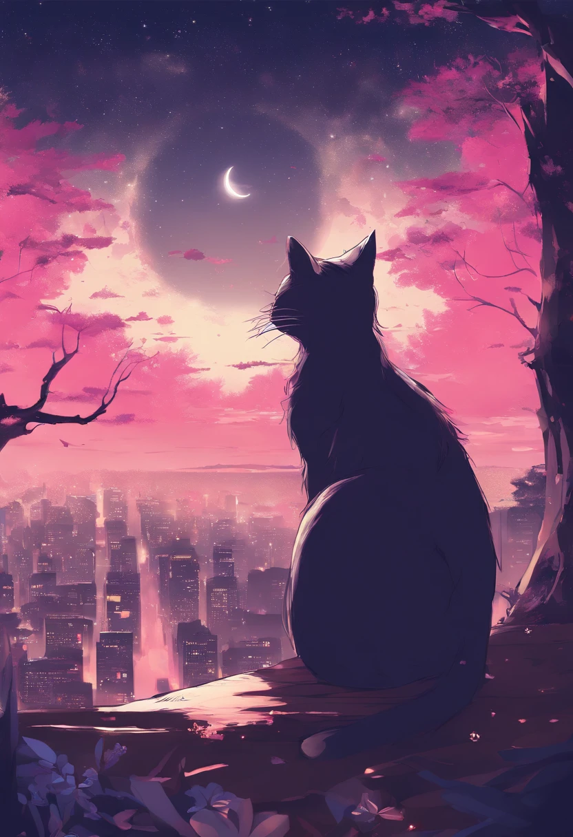(reddish、Pink),octans, 天空, stele(天空), landscapes, starrysky, natta,( 1girl in,One Cat、Snuggle up:1.5),(Snuggle up:1.3),Cats,nigh sky, 独奏, plein air, built, 云, shooting stars,sitting on, The tree, length hair, 城市, silhuette, Cityscape,from behind