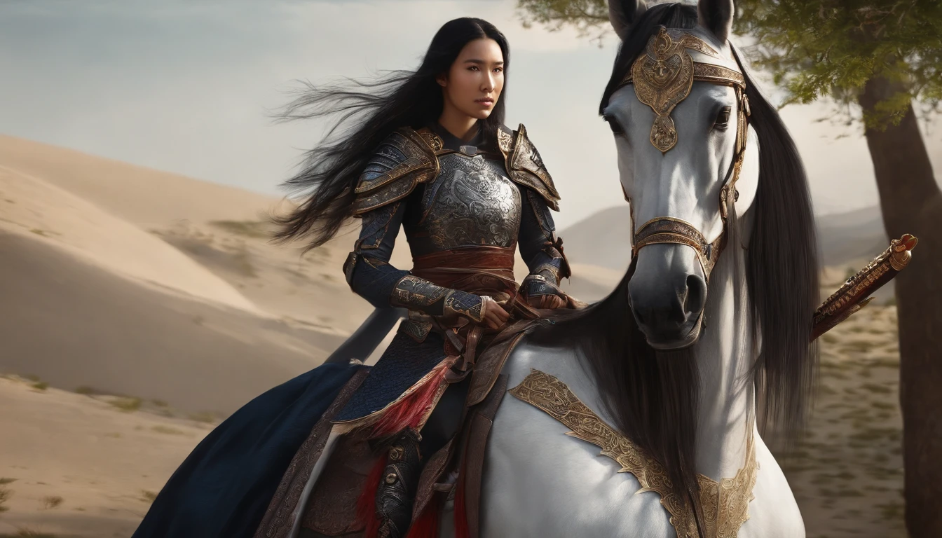 CGI artwork，Original Drawing，white metallic armor，Heavily armored samurai，Oriental samurai，femele，Long hair，ride horse，Dark horse