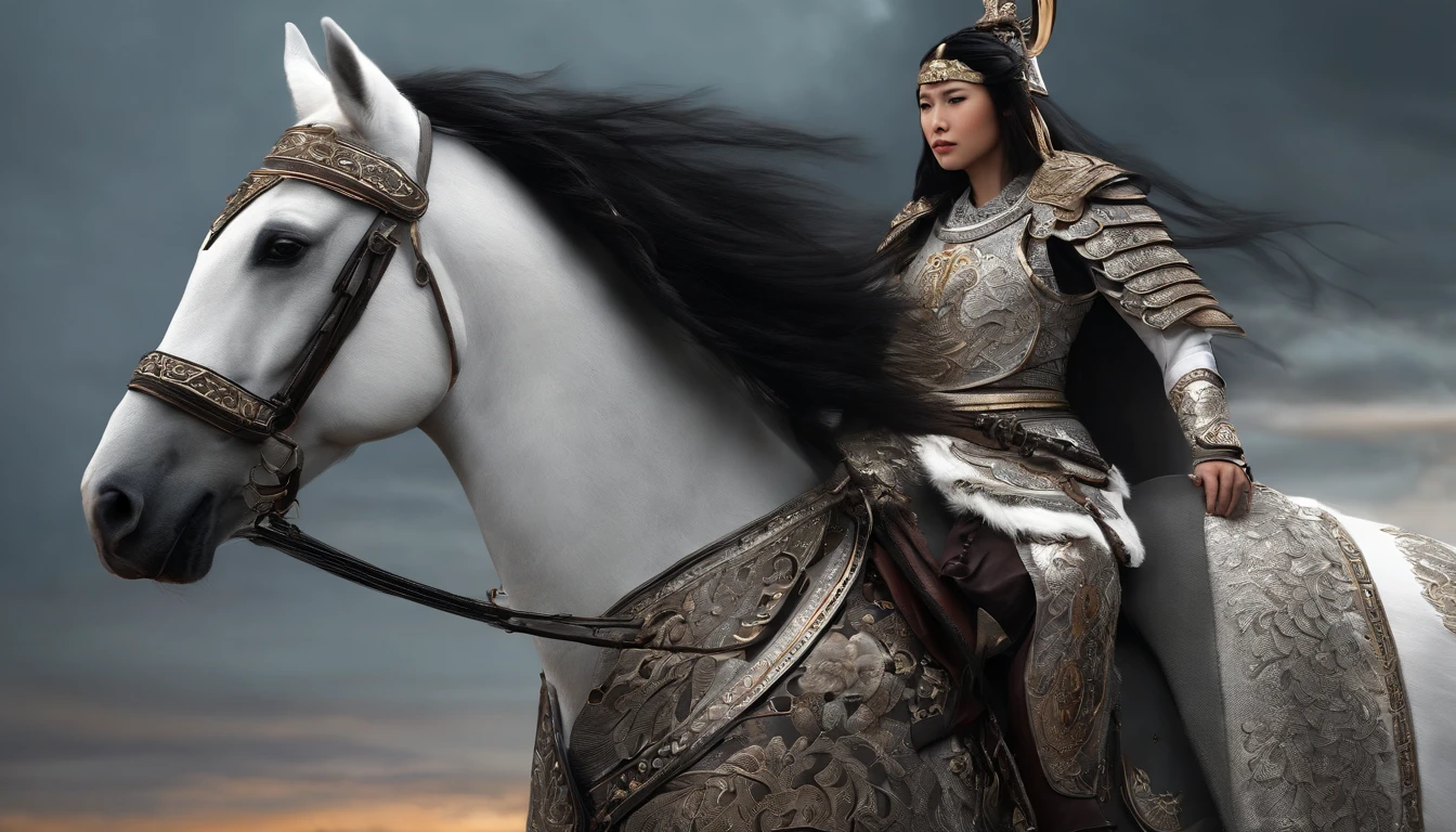 CGI artwork,Original Drawing,white metallic armor,Heavily armored samurai,Oriental samurai,femele,Long hair,ride horse,Dark horse