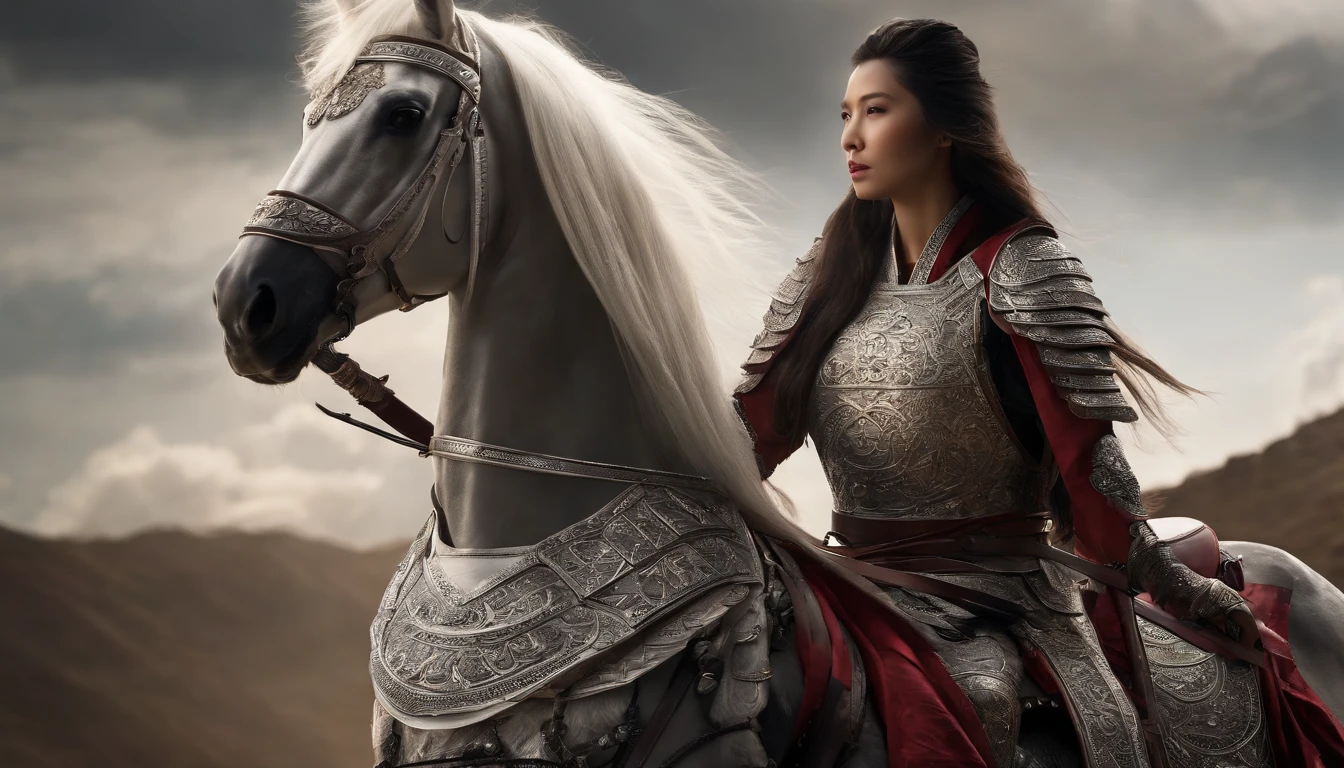 CGI artwork，Original Drawing，white metallic armor，Heavily armored samurai，Oriental samurai，femele，Long hair，ride horse，Dark horse