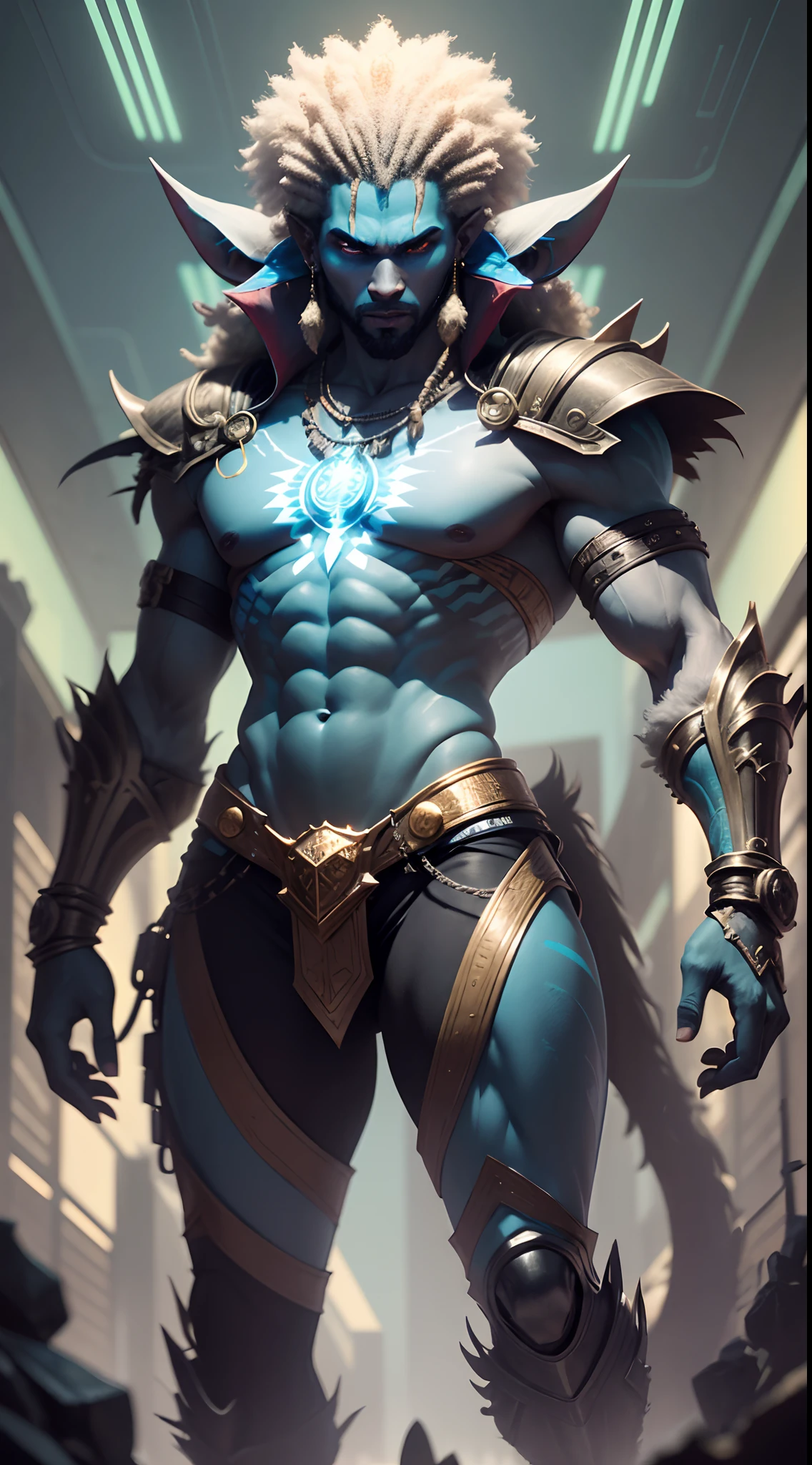 Illustration of a handsome Anubis man, he is sexy and muscular, shirtless, his body is black, his eyes are led turquoise, he is naked, there's a turquoise glow coming from his crotch, there's black and turquoise fog, turquoise flames, gold sparks, up close