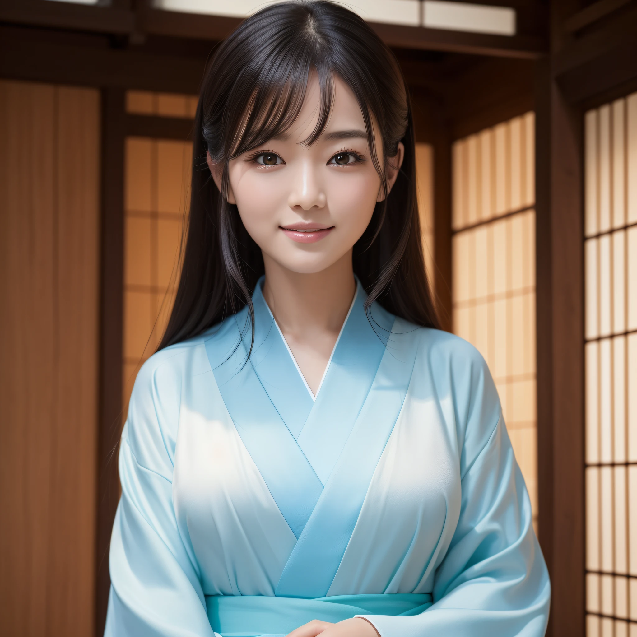 Woman in Kimono、((best qualtiy、8k masterpieces:1.3))、foco nítido:1.2、(ultra beautiful faces:1.0)、(shinny skin:1.0)、photos realistic、A dark-haired、Video Lighting、High-definition eyes and face、Video Lighting、Japan Idol Actress、from the front side、medium breasts、Smile、Slender Abs Beauty、Whole body、wearing kimonos、At the shrine in the early morning