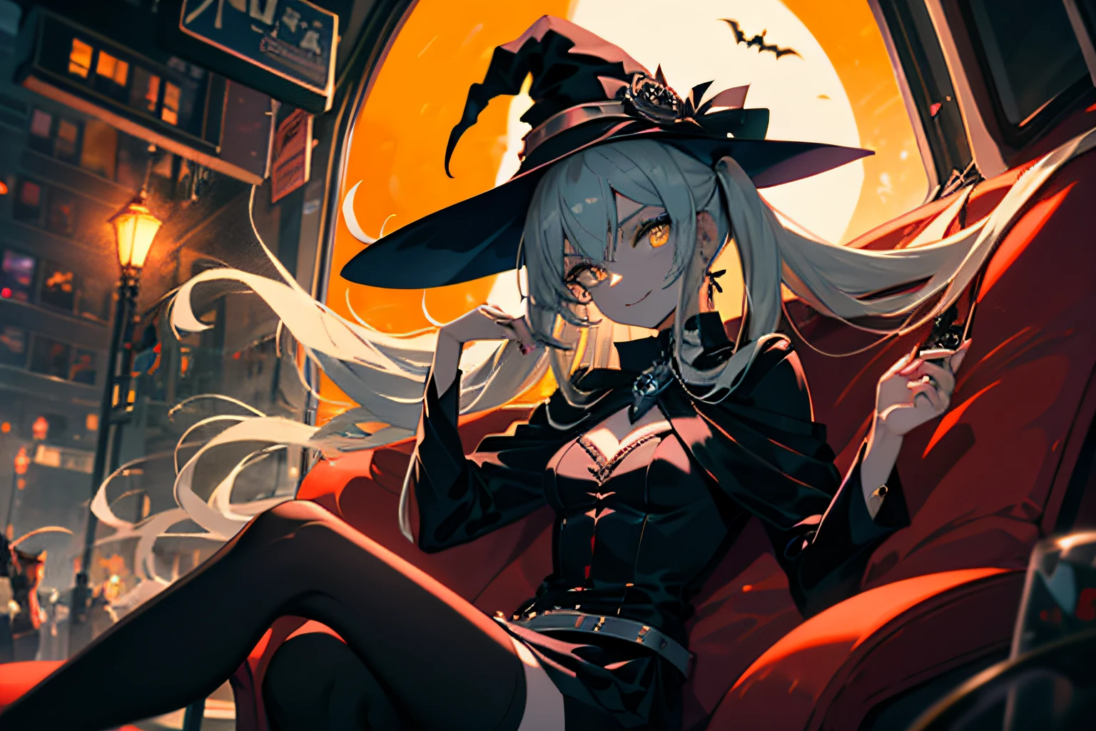 Anime girl, 20 y.o, witch clothes, yellow detailed eyes, dark long hair, with poison, seating at trafic light, yellow color pallet, evil smile, highly detailed, Halloween night,