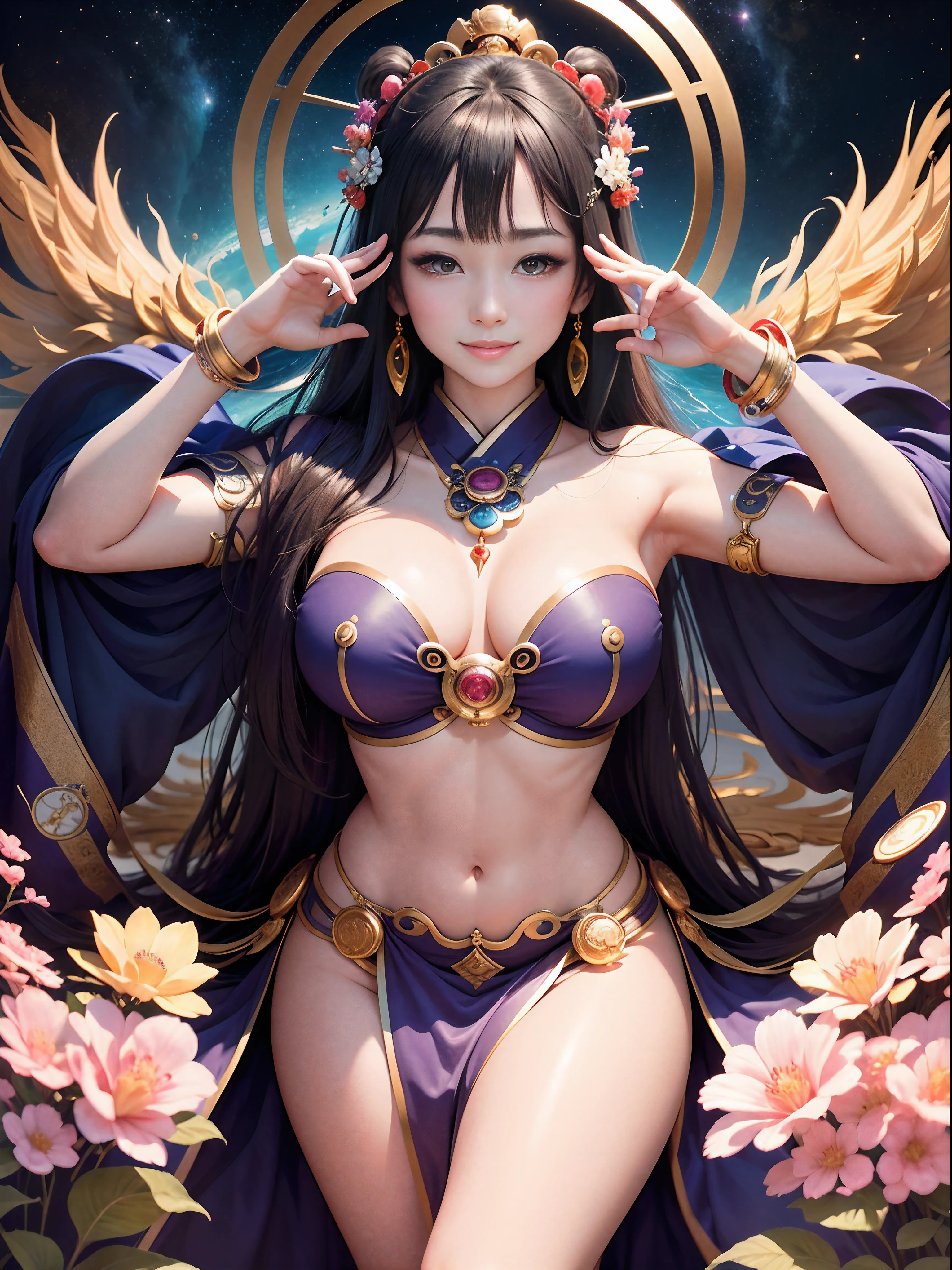 top-quality, masterpiece, 8K picture quality, High-density illustration, (Money luck good luck disease-free breath disaster々The goddess of Japan brings all the benefits), Advent from a fantastic space, Colorful colors, (Beautiful face), Illustrative rather than realistic, A smile that brings good luck to all mankind, (perfectly proportions), Looking at the camera from the front:1.2