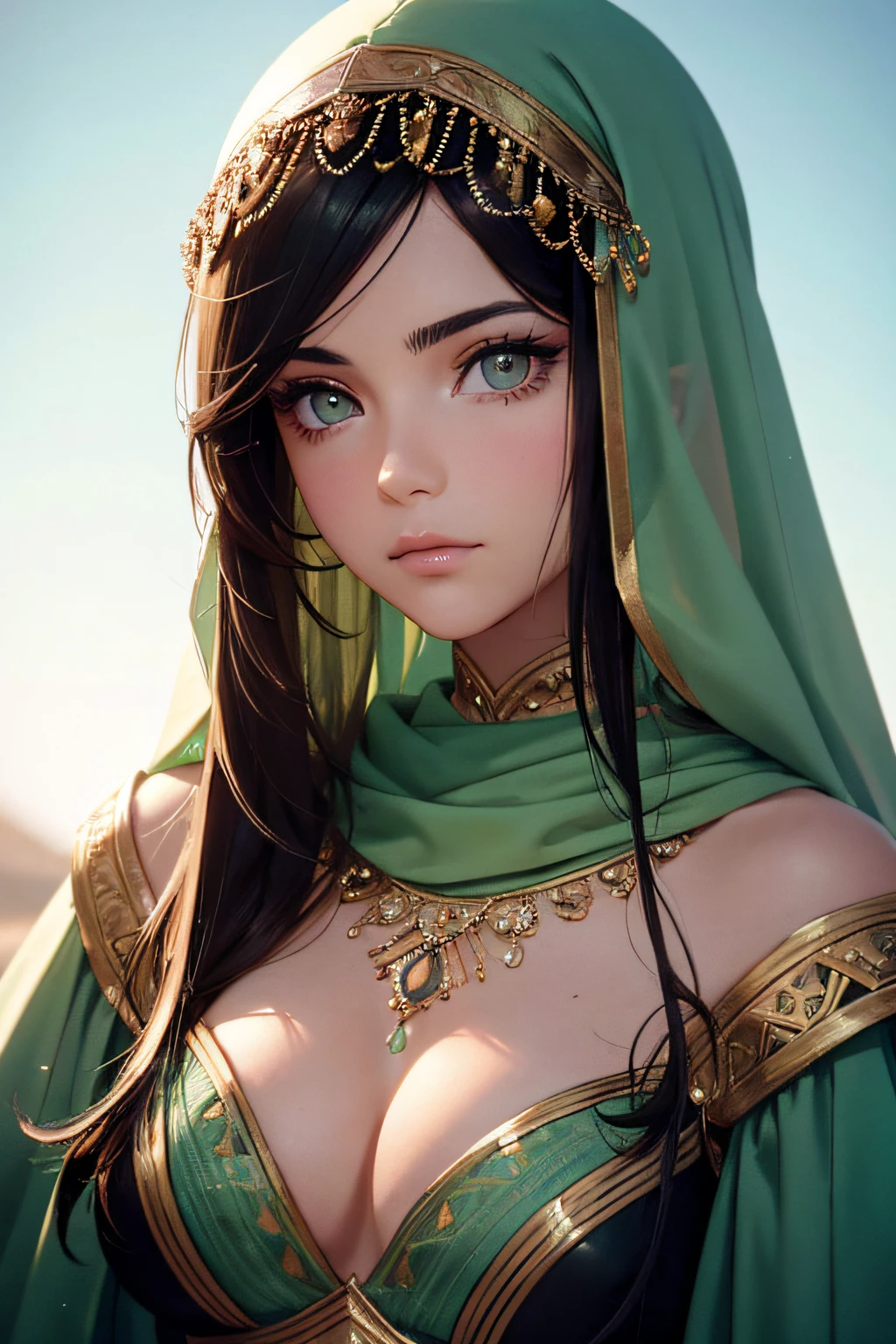 Close-up photo of a beautiful Arab girl, cara adorable, Pelo largo negro, sin maquillaje, textura realista de la piel, warm, Low saturation, verde, colores ricos, por alessio albi, Nikon D850, ZEISS OTUS 85mm F/1.4, hiperrealista ,Textura realista, Dramatic lighting, CineStill 800
