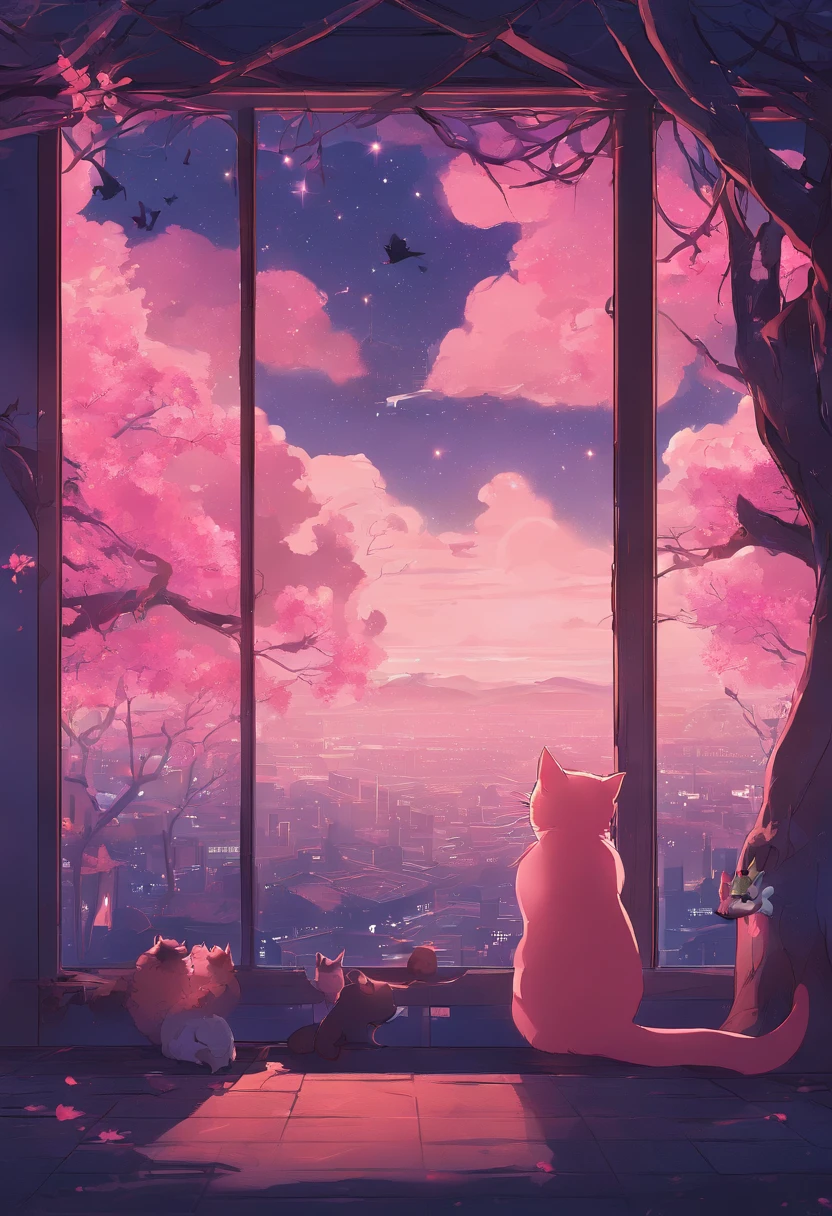 (reddish、Pink),octans, 天空, stele(天空), landscapes, starrysky, natta,( 1girl in,One Cat、Snuggle up:1.5),(Snuggle up:1.3),Cats,nigh sky, 独奏, plein air, built, 云, shooting stars,sitting on, The tree, length hair, 城市, silhuette, Cityscape,from behind