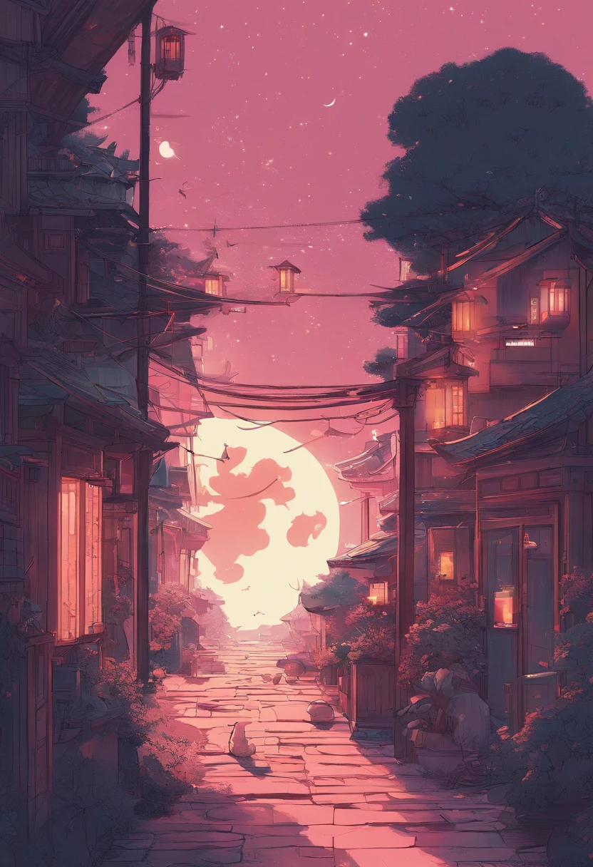(reddish、Pink),octans, 天空, stele(天空), landscapes, starrysky, natta,( 1girl in,One Cat、Snuggle up:1.5),(Snuggle up:1.3),Cats,nigh sky, 独奏, plein air, built, 云, shooting stars,sitting on, The tree, length hair, 城市, silhuette, Cityscape,from behind
