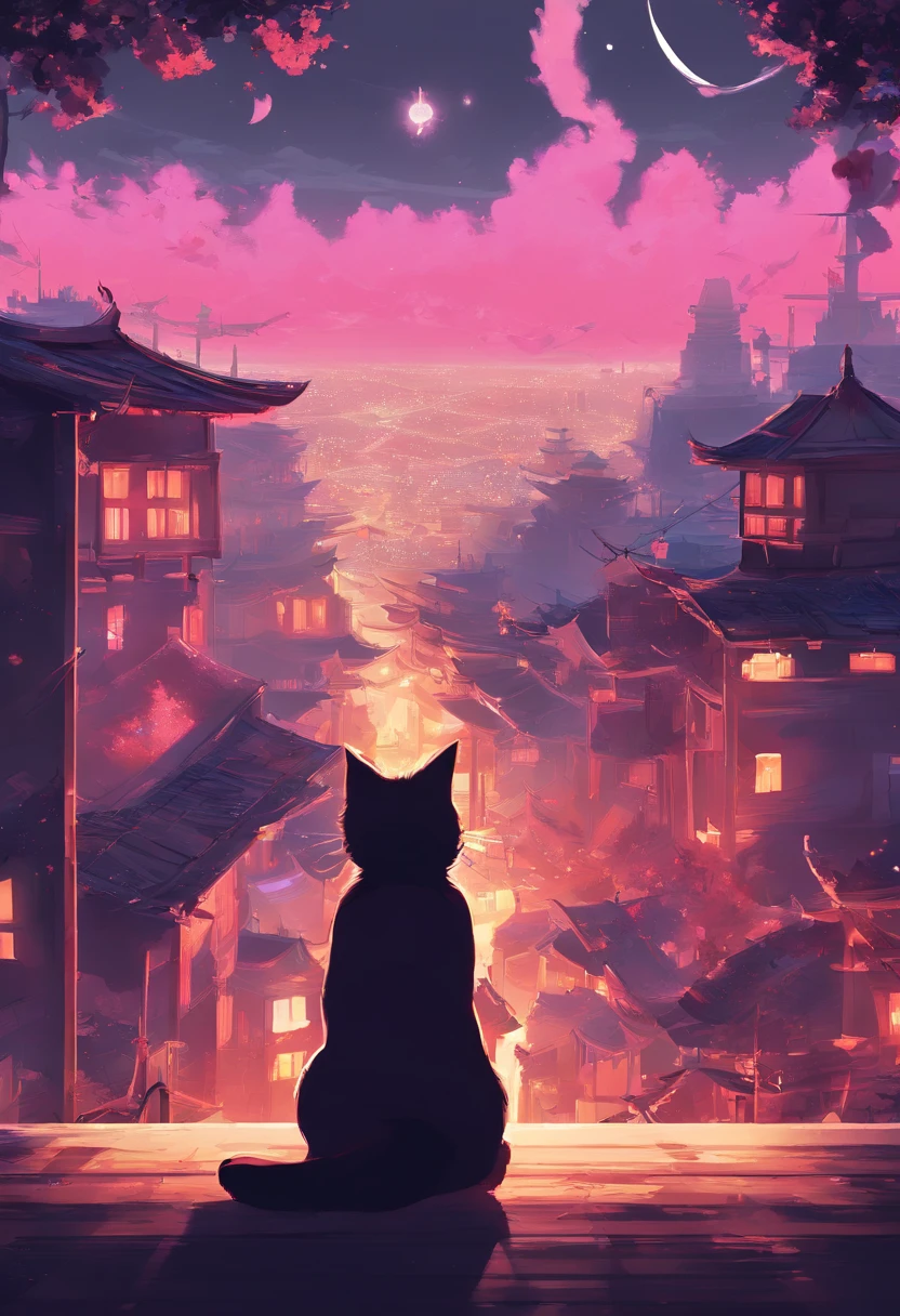 A cat sitting on a ledge looking at the sunset - SeaArt AI