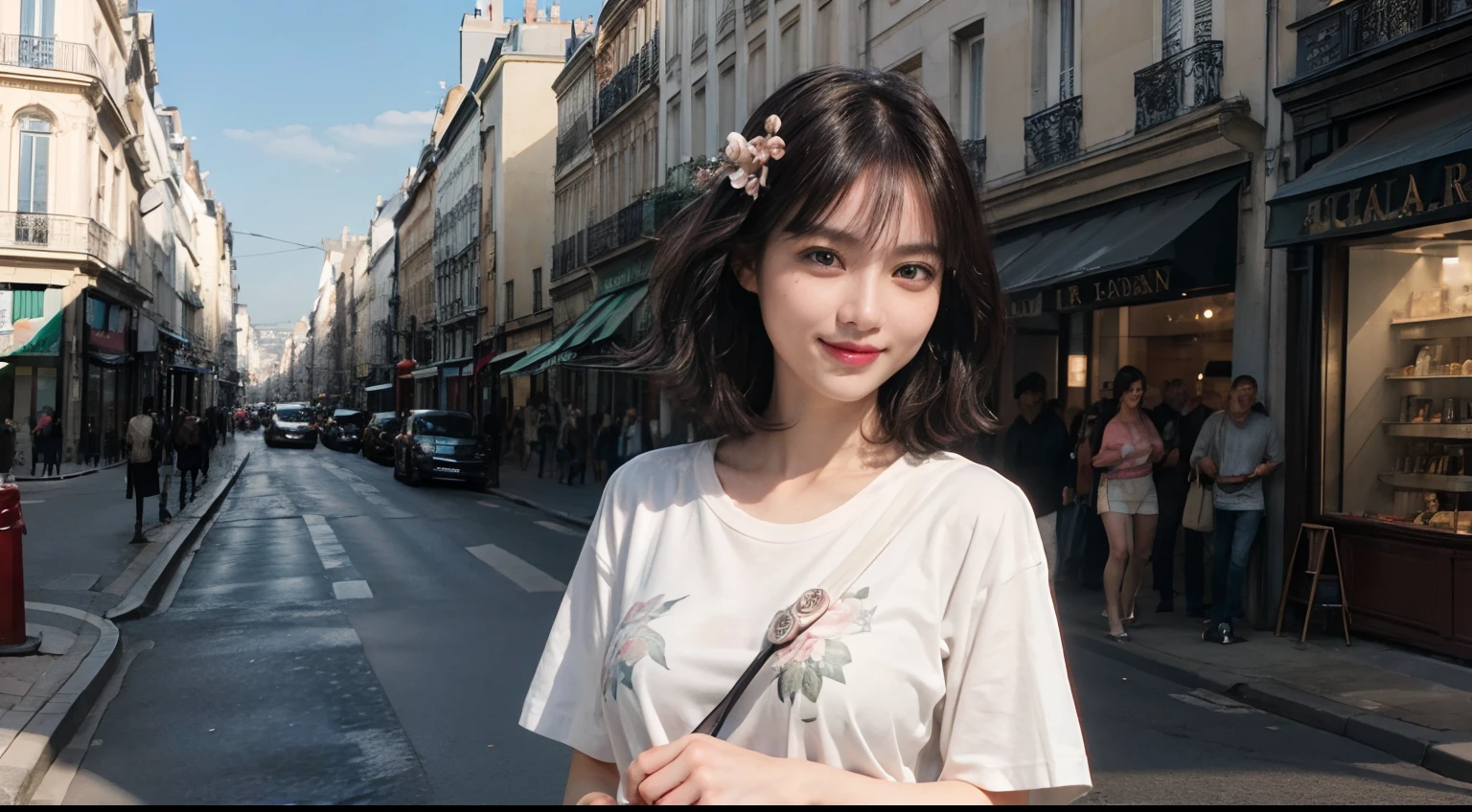 (((Black Shorthair))), (Standing on the street in Paris), Pose Seductive, (A hyper-realistic), (Illustration), (Increased resolution), (8KUHD), (Extremely detailed), (Best Illustration), (Beautiful and detailed eyes), (Best Quality), (ultra-detailliert), (masutepiece ), ( Wallpaper), (Detailed face), Solo, (One woman in a T-shirt), (T-shirt design), (Floral clothing), (Breast bulge), Fine details, Deep Shadows, lowkey, Smiling, Wear a handbag, (light on face)