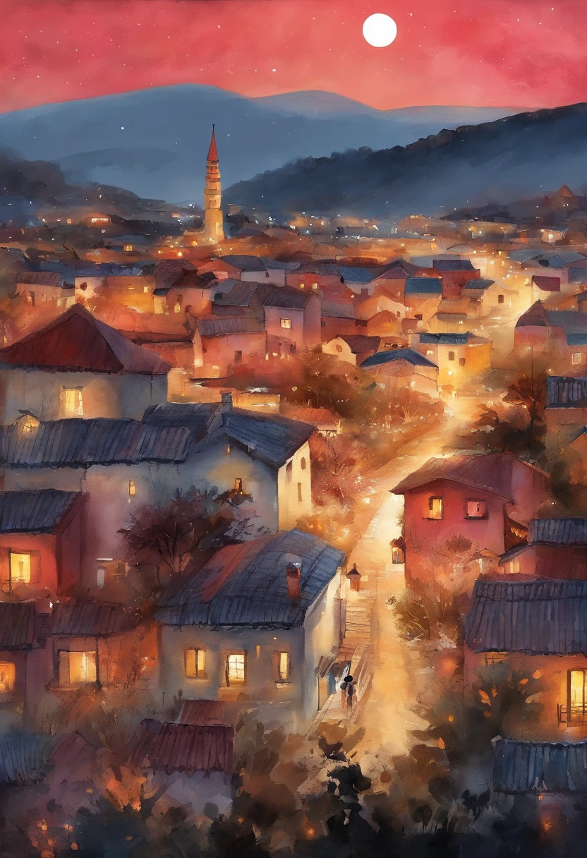 (reddish、Pink),octans, 天空, stele(天空), landscapes, starrysky, natta,( 1girl in,One Cat、Snuggle up:1.5),(Snuggle up:1.3),Cats,nigh sky, 独奏, plein air, built, 云, shooting stars,sitting on, The tree, length hair, 城市, silhuette, Cityscape,from behind