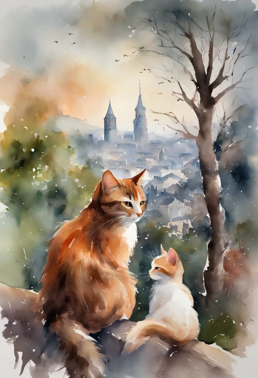 (reddish、Pink),octans, 天空, stele(天空), landscapes, starrysky, natta,( 1girl in,One Cat、Snuggle up:1.5),(Snuggle up:1.3),Cats,nigh sky, 独奏, plein air, built, 云, shooting stars,sitting on, The tree, length hair, 城市, silhuette, Cityscape,from behind