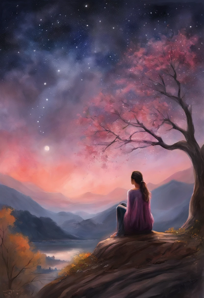 (reddish、Pink),octans, 天空, stele(天空), landscapes, starrysky, natta,( 1girl in,One Cat、Snuggle up:1.5),(Snuggle up:1.3),Cats,nigh sky, 独奏, plein air, built, 云, shooting stars,sitting on, The tree, length hair, 城市, silhuette, Cityscape,from behind