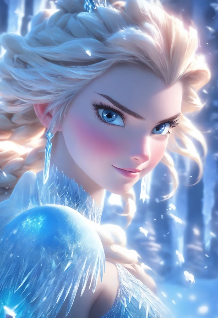 A girl in a frozen kingdom,ice castle,snow covered landscape,glittering snowflakes,icy breath,frost-covered trees,sparkling ice sculptures,winter wonderland,crystalline armor,glowing blue eyes,flowing white hair,majestic crown,holding a glowing staff,riding a magnificent ice horse,swiftly galloping on the frozen lake,leaving a trail of frost in her wake.(best quality,4k,8k,highres,masterpiece:1.2),ultra-detailed,(realistic,photorealistic,photo-realistic:1.37),HDR,UHD,studio lighting,ultra-fine painting,sharp focus,physically-based rendering,extreme detail description,professional,vivid colors,bokeh,portraits,landscape,ice blue color palette,glimmering light.