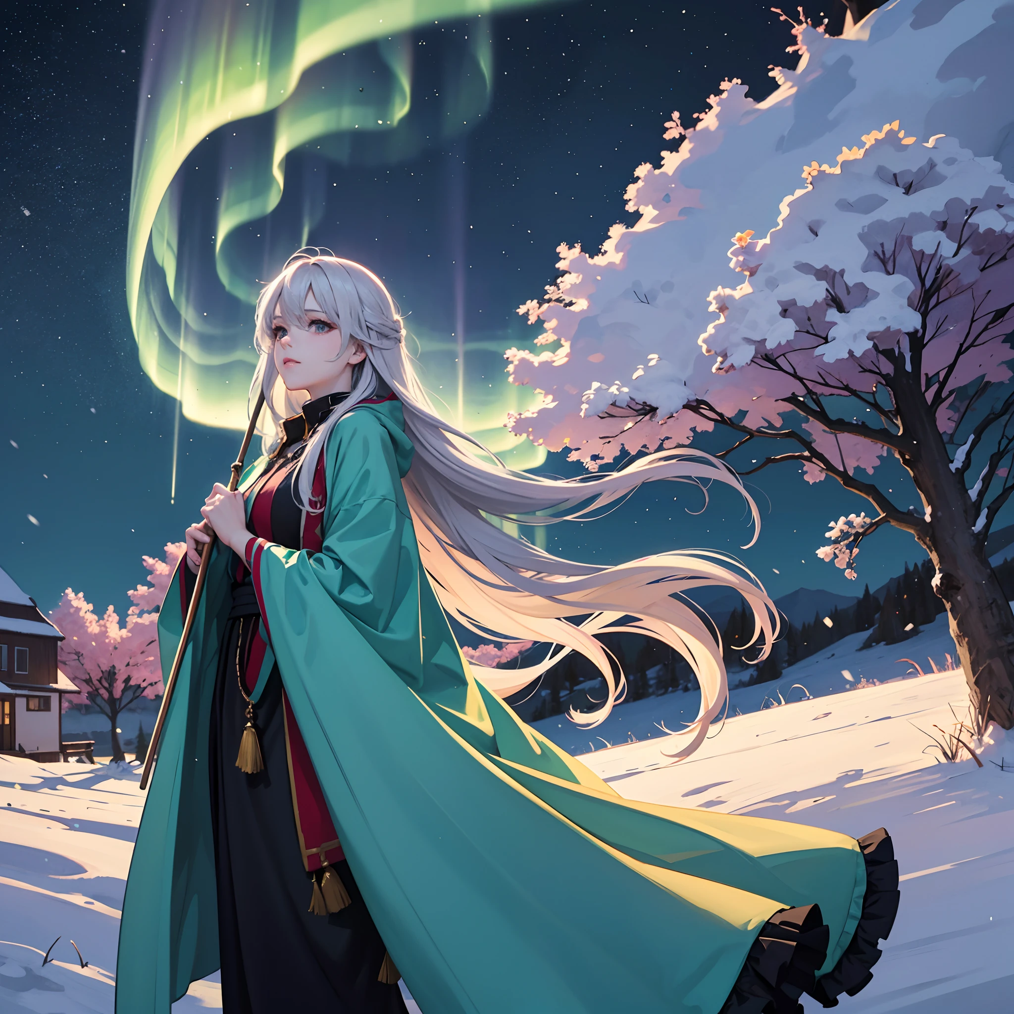 A girl in a village, cold and snowy, high in the snowy mountains. The roofs of the houses are covered with pure white snow, and warm lights shine in front and behind the houses. As night falls and the sky is filled with magnificent auroras, a young woman dressed in a magnificent robe stands at the highest point of the village, gazing at the mysterious auroras. She holds a staff in her hand, her eyes revealing both desire and fear for unknown powers, as if she is about to summon some kind of magical force. (best quality,4k,highres,masterpiece:1.2),ultra-detailed,realistic:1.37,HDR,vivid colors,soft lighting,portraits