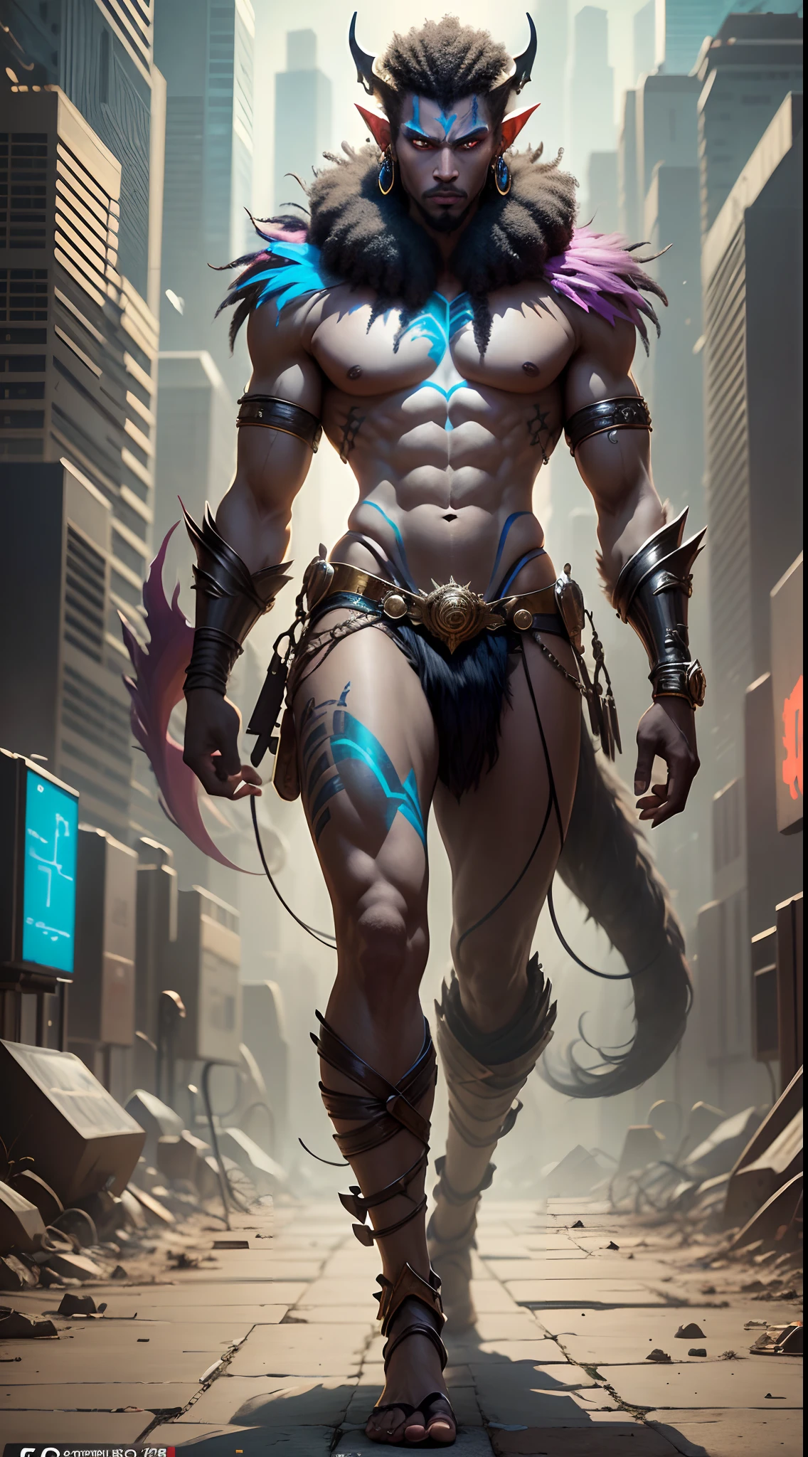 In a futuristic afro-cyberpunk cinematic style, The god of chaos, Seth, boasts a unique appearance in Egyptian mythology. He's illustrated as a man with the head of a mysterious creature termed the "Set animal." This creature has a lengthy, curved snout and tall, erect ears. The exact identity of this animal remains a subject of debate among scholars.