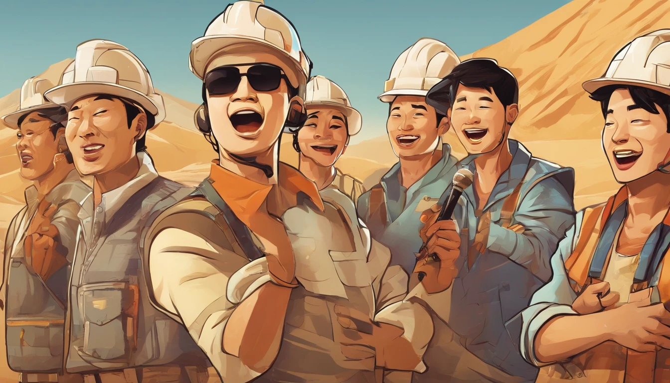 A group of Chinese construction workers singing karaoke，Everyone had a microphone in their hands，The background is a port under construction in the desert