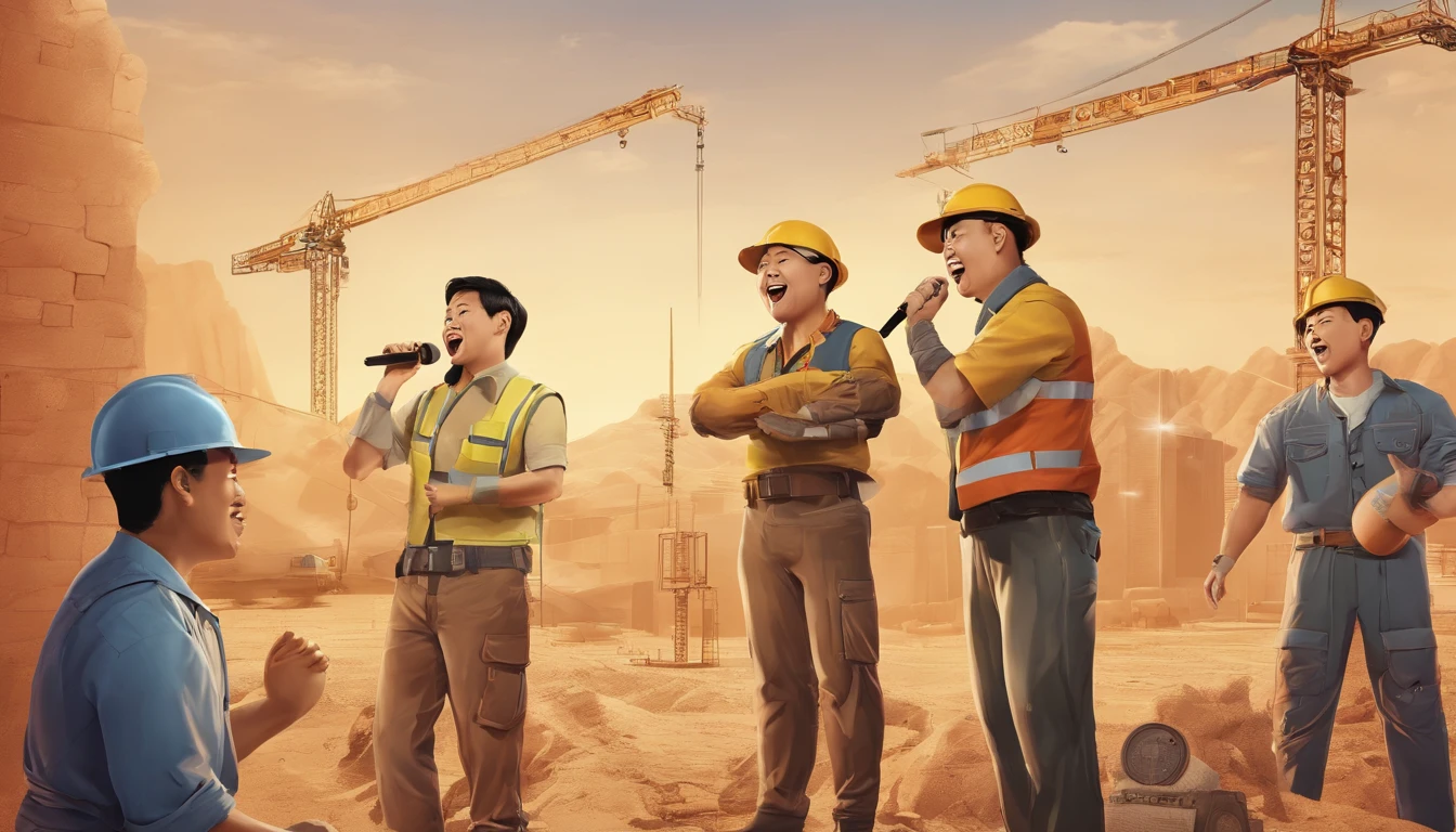 A group of Chinese construction workers singing karaoke,Everyone had a microphone in their hands,The background is a port under construction in the desert