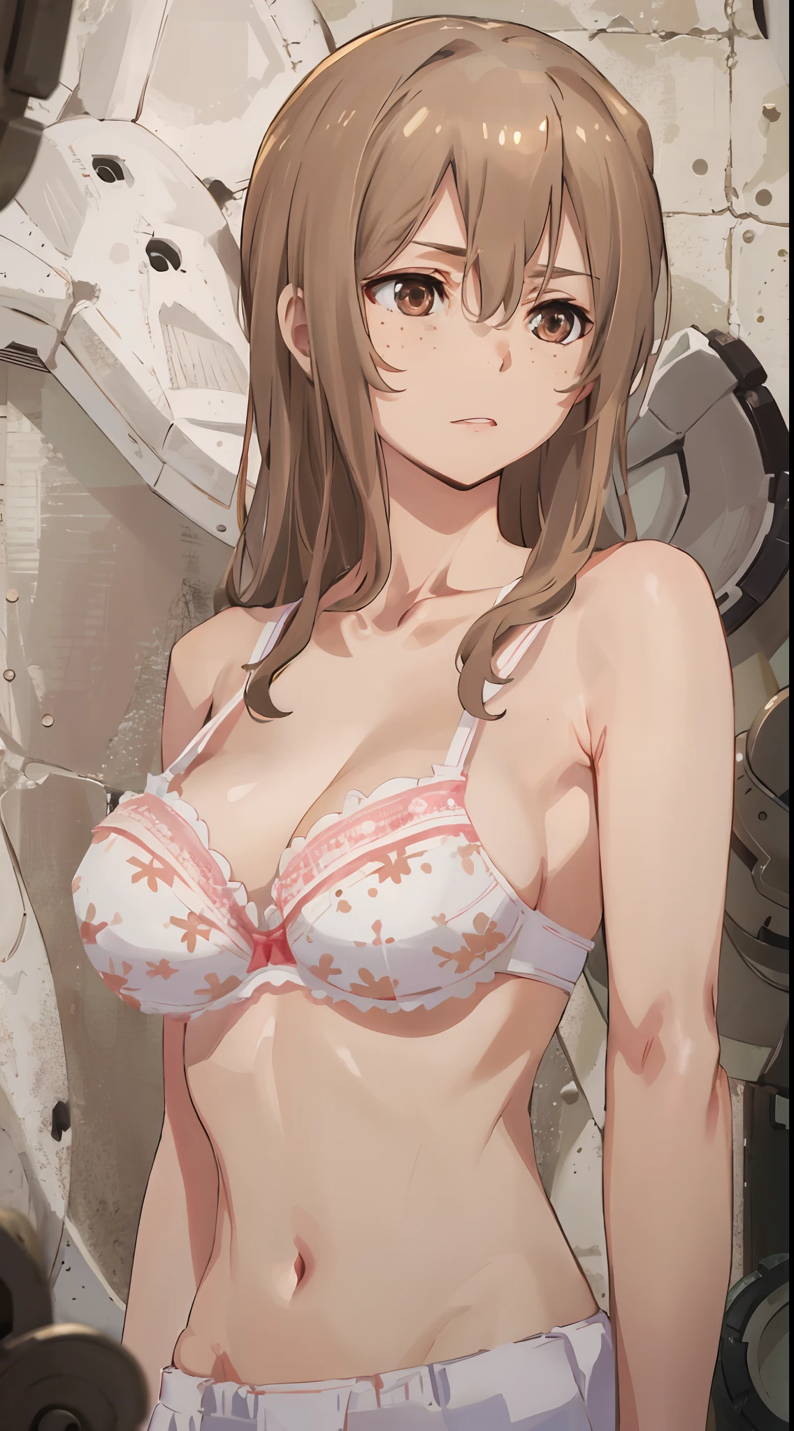 masterpiece, best quality, highres, aoki1, brown eyes, freckles, standing, healthy skin, medium breasts, upper body, bra