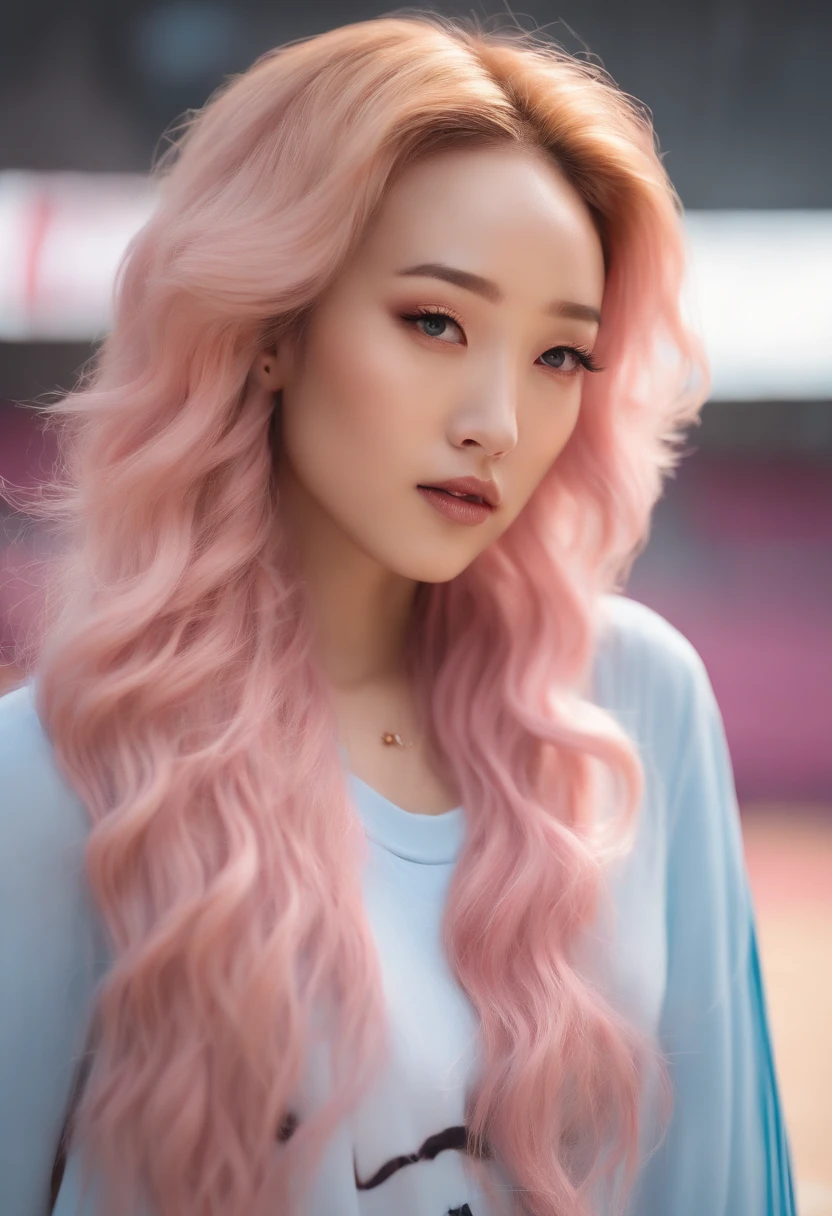 Close up of a girl with blonde hair and necklace, digital art inspired by Yanjun Cheng, Tumblr, Rococo, portrait of jossi of blackpink, portrait jisoo blackpink, Flowing pink hair, Long flowing pink hair, long bubblegum hair, with pink hair, light blue girl, pink hues, ((Pink)), Long pink hair, pink straight hair, curly pink hair,(hybrid of Maggie Q:1.012), (Basketball court with NSFW theme:1.7), Highly detailed hair, highly detailed face and skin texture, (double eyelid:1.7), doubled chin, (Ultra-realistic skin texture:1.7)