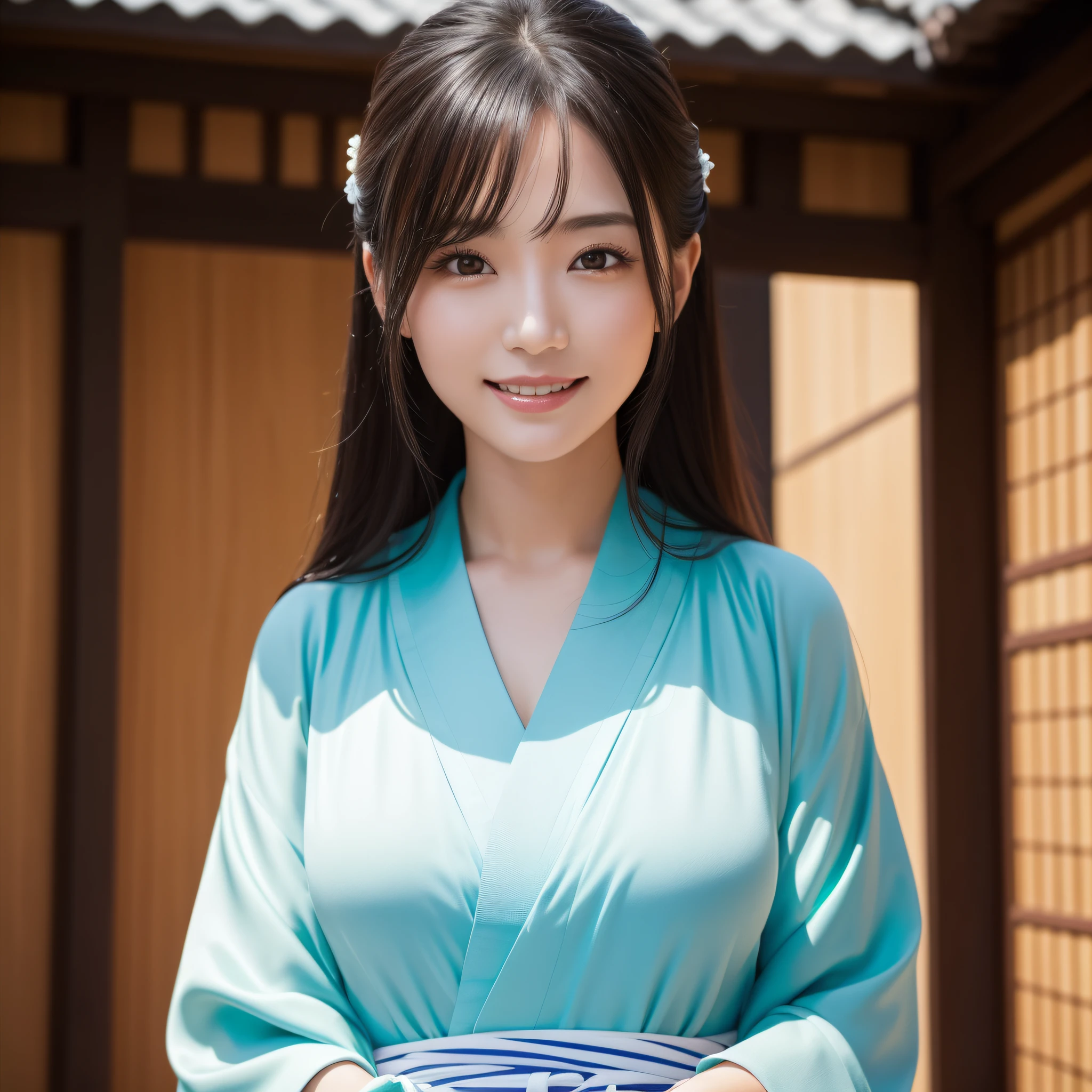 Woman in Kimono、((best qualtiy、8k masterpieces:1.3))、foco nítido:1.2、(ultra beautiful faces:1.0)、(shinny skin:1.0)、photos realistic、A dark-haired、Video Lighting、High-definition eyes and face、Video Lighting、Japan Idol Actress、from the front side、medium breasts、Smile、Slender Abs Beauty、Whole body、wearing kimonos、At the shrine in the early morning