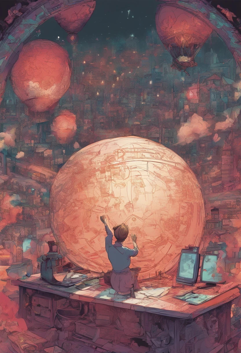 um globo colorido, to be designed from a laptop, with very delicate feminine hands touching the laptop keyboard, tem as unhas vermelhas,