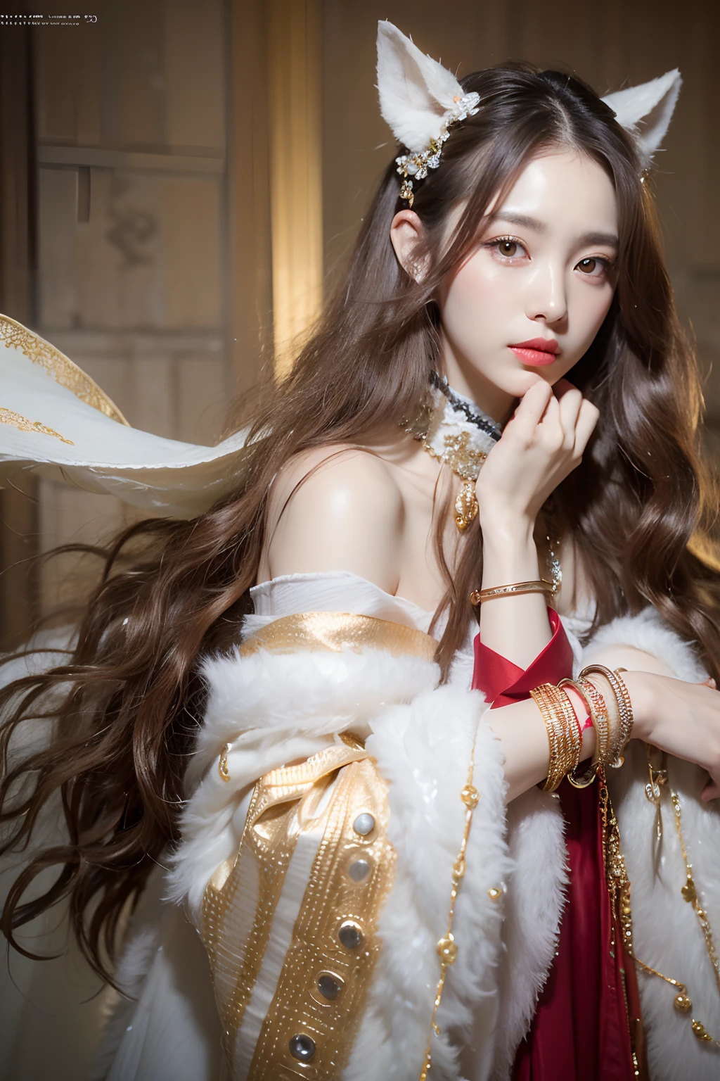 (Works of masters,Higher quality,超高分辨率,8K分辨率),depth of fields,in a panoramic view,first person perspective,(Slim waist),(Long legs),Flowing hair,Vivid colors,s the perfect face,Girl,solo person,ssmile,Red lips,Big eyes,long whitr hair,A brown-haired,Wave head,Bracelet,Collar,bangle,Gorgeous Hanfu,frilld,lacing,White gauze shawl,fur shawl,Facing the viewer,eventide,Temple,Natural soft light