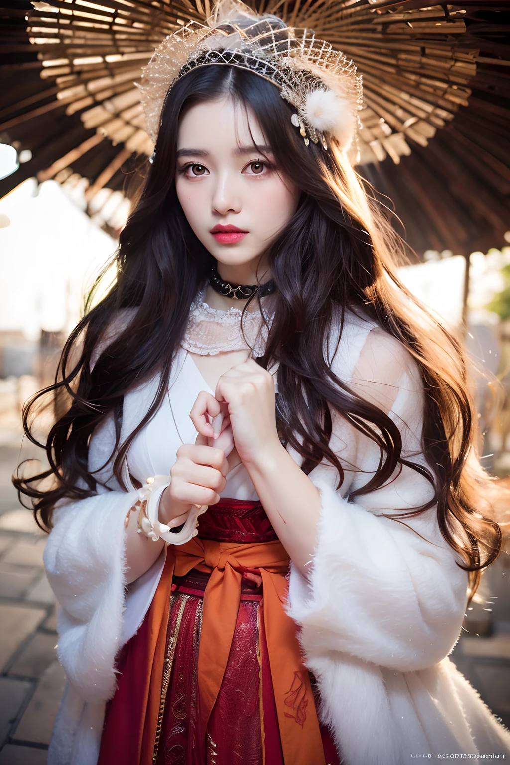 (Works of masters,Higher quality,超高分辨率,8K分辨率),depth of fields,in a panoramic view,first person perspective,(Slim waist),(Long legs),Flowing hair,Vivid colors,s the perfect face,Girl,solo person,ssmile,Red lips,Big eyes,long whitr hair,A brown-haired,Wave head,Bracelet,Collar,bangle,Gorgeous Hanfu,frilld,lacing,White gauze shawl,fur shawl,Facing the viewer,eventide,Temple,Natural soft light