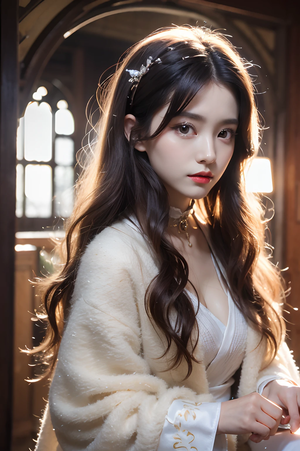 (Works of masters，Higher quality，超高分辨率，8K分辨率)，depth of fields，in a panoramic view，first person perspective，(Slim waist)，(Long legs)，Flowing hair，Vivid colors，s the perfect face，Girl，solo person，ssmile，Red lips，Big eyes，long whitr hair，A brown-haired，Wave head，Bracelet，Collar，bangle，Gorgeous Hanfu，frilld，lacing，White gauze shawl，fur shawl，Facing the viewer，eventide，Temple，Natural soft light