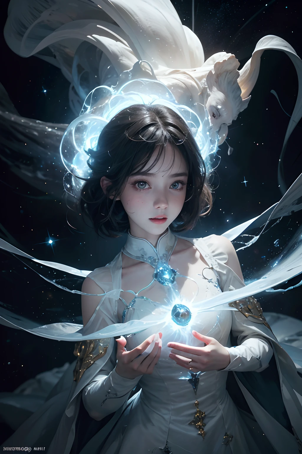 1 amorphous child shape composed of light, white, supernova, stars, creation, dancing, stardust, joy, abstract, chaos, stunning, cinematic lighting, unreal engine, trending on ArtStation, intricate details, masterpiece, best quality, by Irakli Nadar, Greg Rutkowski，(((best quality))),(((ultra detailed))),(((masterpiece)))