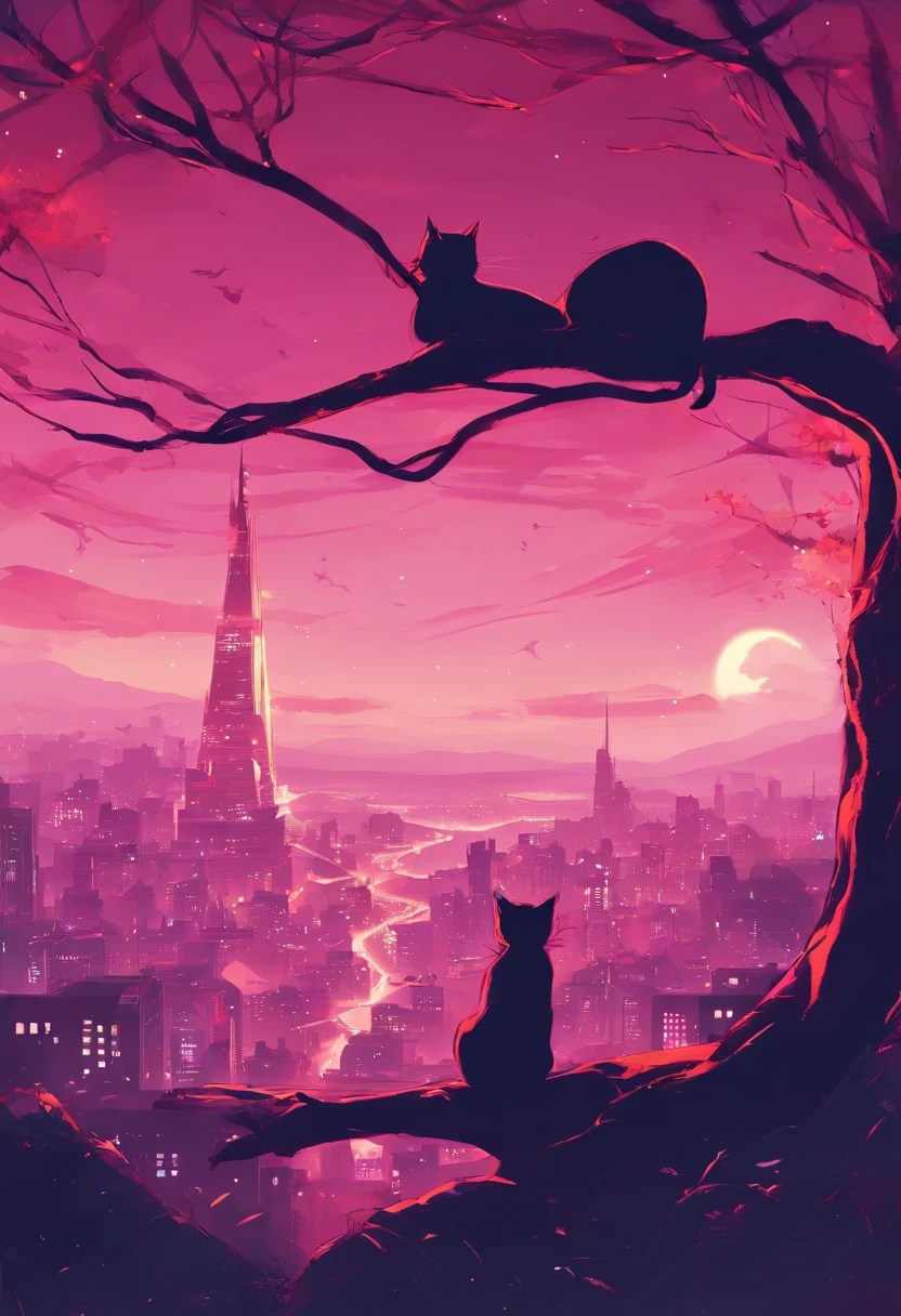 (reddish、Pink),octans, 天空, stele(天空), landscapes, starrysky, natta,( 1girl in,One Cat、Snuggle up:1.5),(Snuggle up:1.3),Cats,nigh sky, 独奏, plein air, built, 云, shooting stars,sitting on, The tree, length hair, 城市, silhuette, Cityscape,from behind